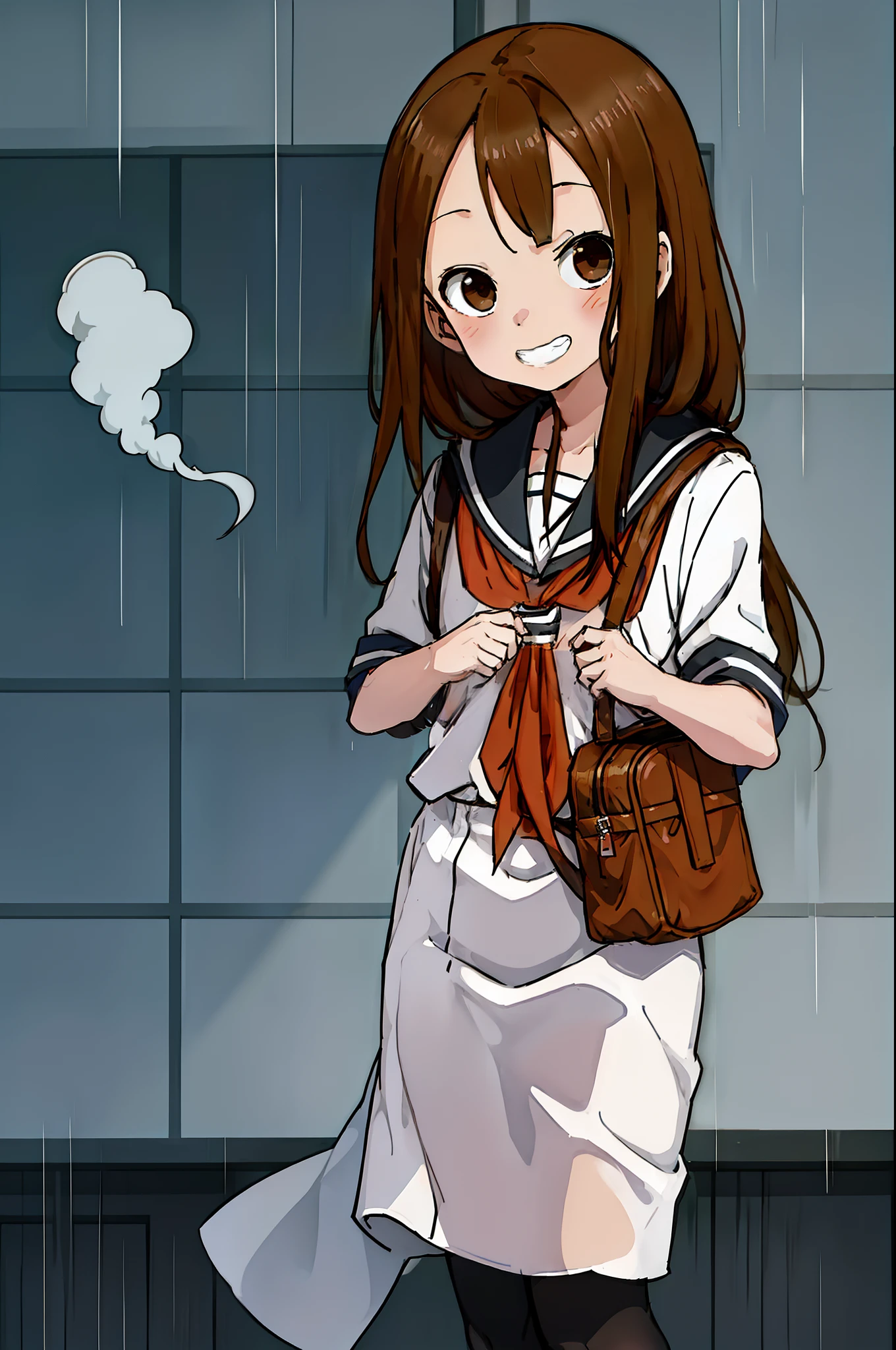 Teasing Master Takagi-san, cute idol aura, smoke effect, masterpieces, best quality anime 16k wallpaper, grin blushing face, body forward, camera from below, school bag, rainy background infront of house, wetted outfit, blinking pupil