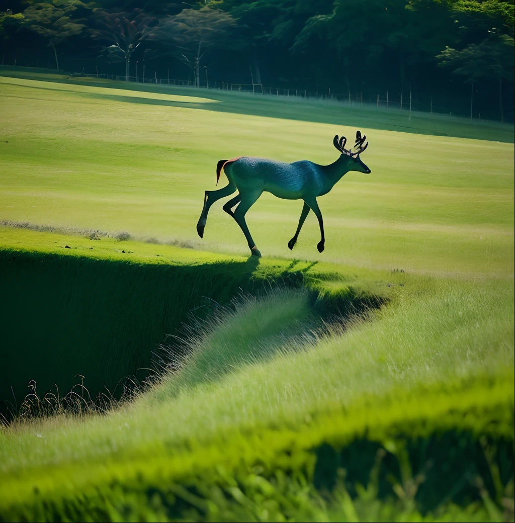 A green deer ran over the edge of the grass like a black projectile。