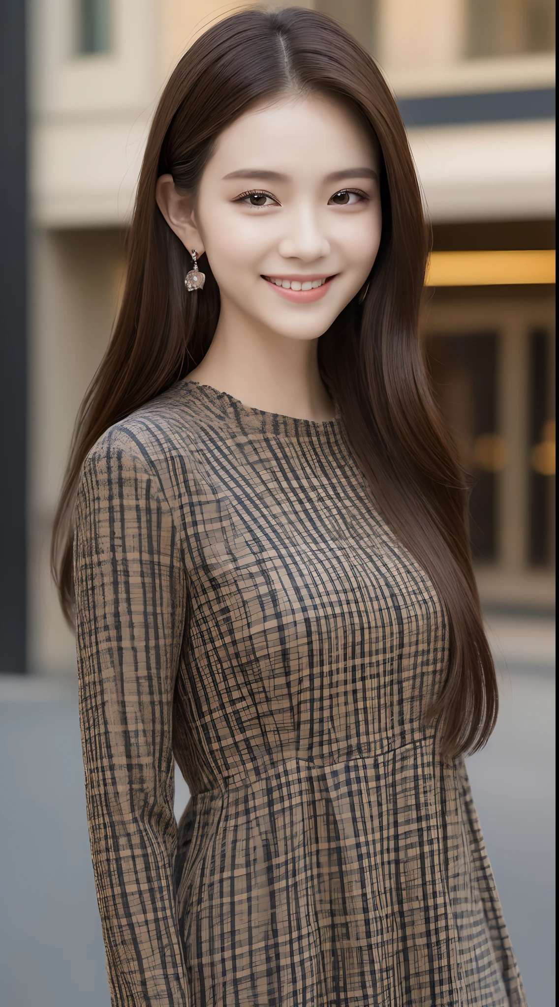 ((Best quality, 8k, Masterpiece :1.3)), 1girl, smiling, full body, slim face, Pretty woman, (Dark brown hair), full length dress :1.1, Ultra-detailed face, Detailed eyes, Double eyelid, blur background, slim face, city, outside, street,