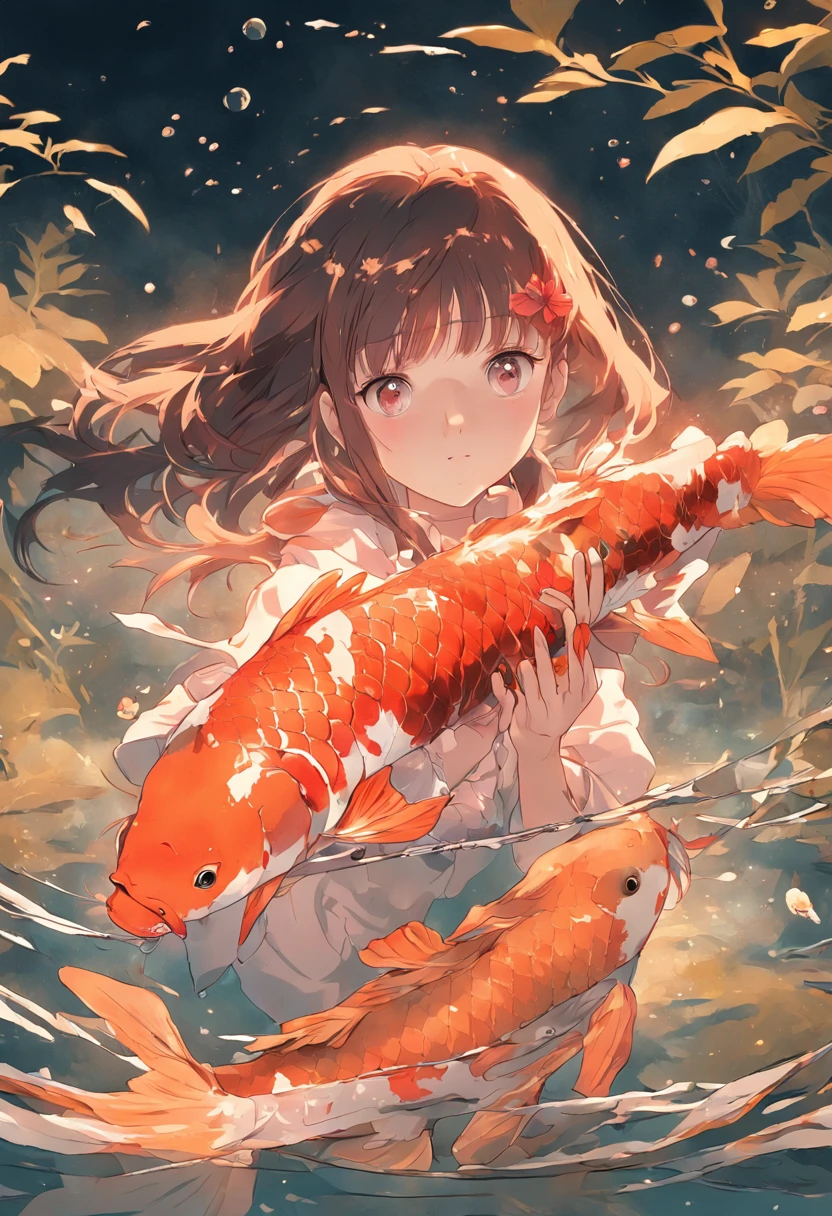 A girl holds a koi fish
