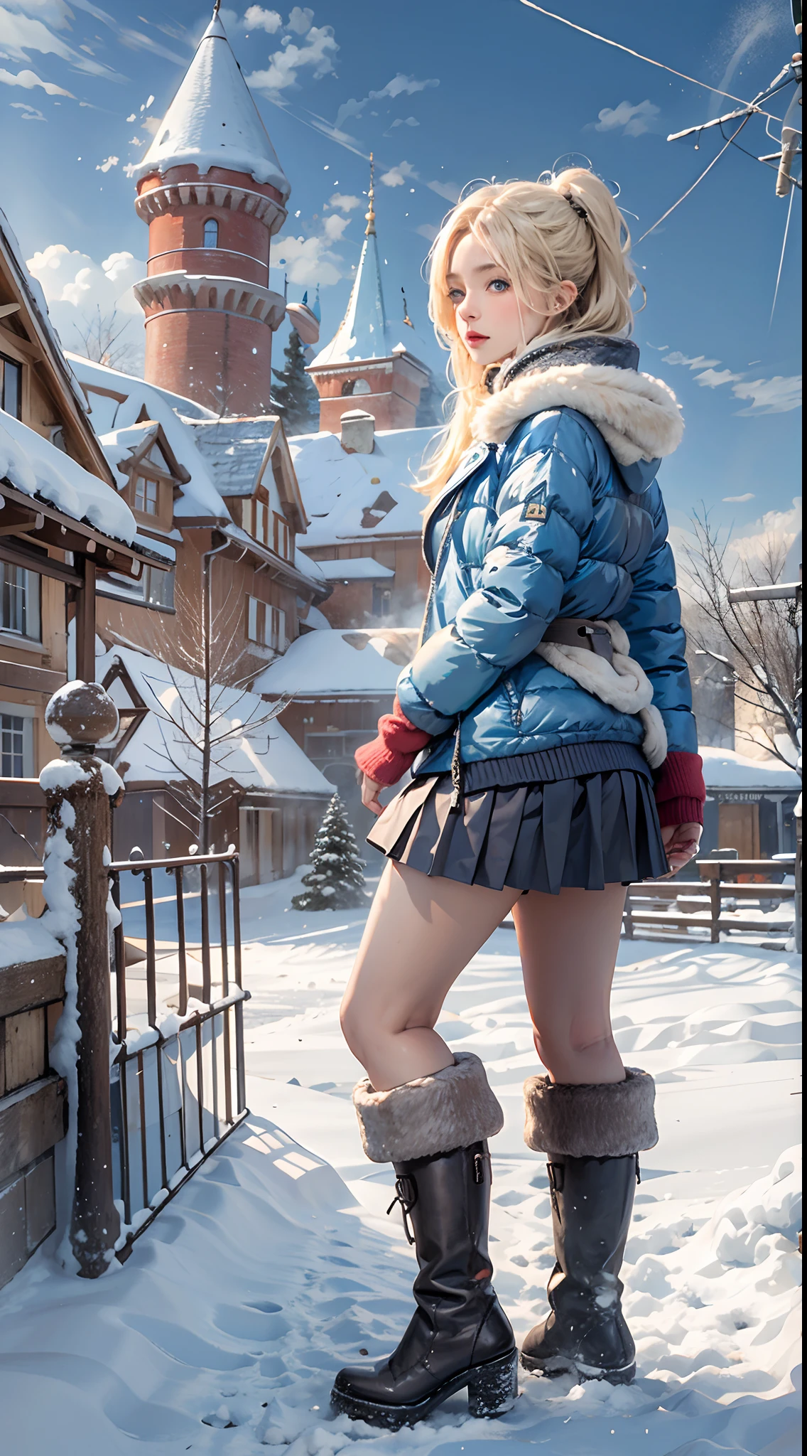 1girl, blonde hair, blue eyes, realistic,photorealistic, cowboy shot, close-up, low twintails, high collar sweater, puffy down jacket, short pleated skirt, bare legs, high heels, looking at viewer,standing, upper body, outdoors,snow, snow shelter, winter, european town, european style houses, (castle), noon, streets, sunshine,