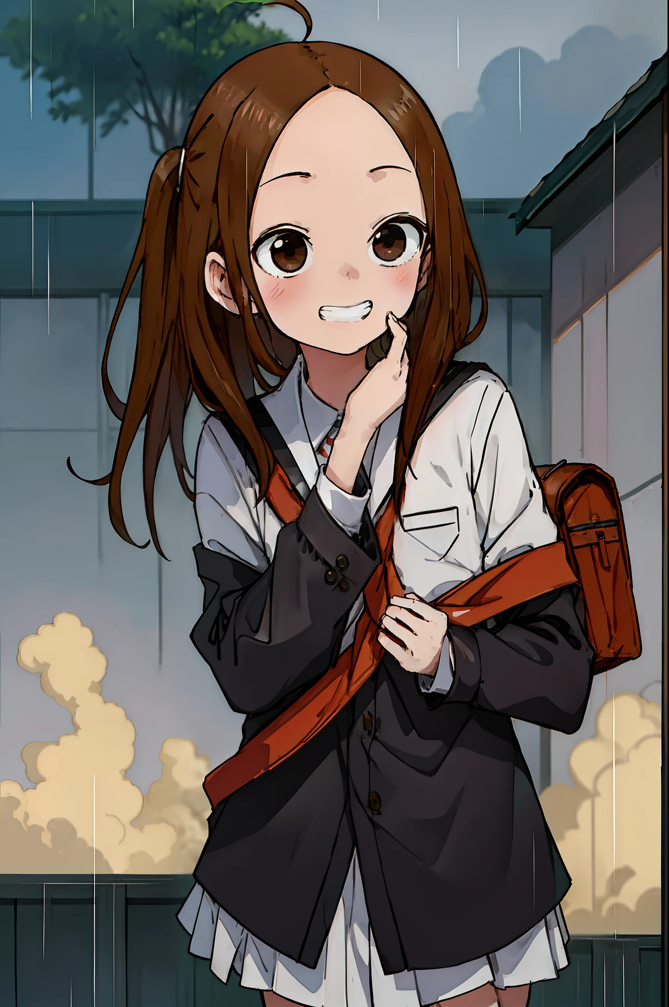 Teasing Master Takagi-san, cute idol aura, smoke effect, masterpieces, best quality anime 16k wallpaper, grin blushing face, body forward, camera from below, school bag, rainy background infront of house, wetted outfit, blinking pupil