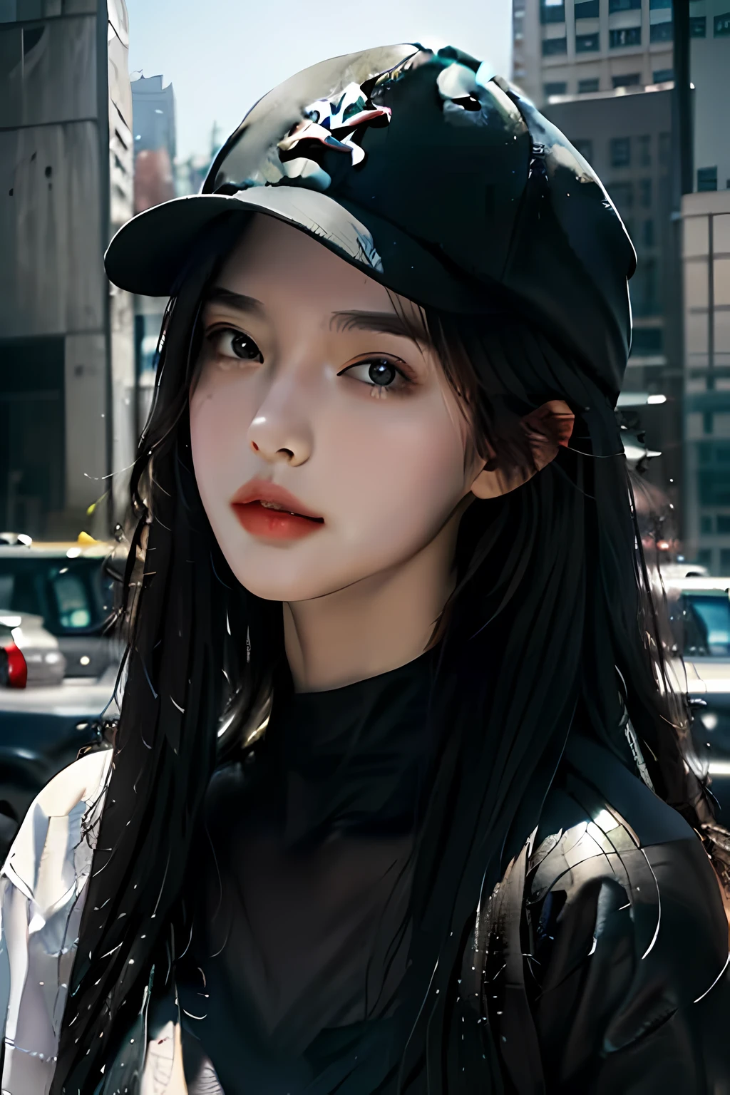 beautiful Girl,black color hair,long whitr hair,Wear a baseball cap