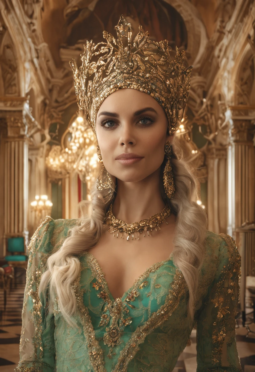 Front view, mulher, (lora vezem), hd, hiper detalhado, inside a room of a palace, sentada num trono dourado, cabelos marrons, olhos verdes, sorriso claro, lingerie branca, super realista, ::nd, Imperfections, desenho, boneco, anime, Freaks, texto, assinatura