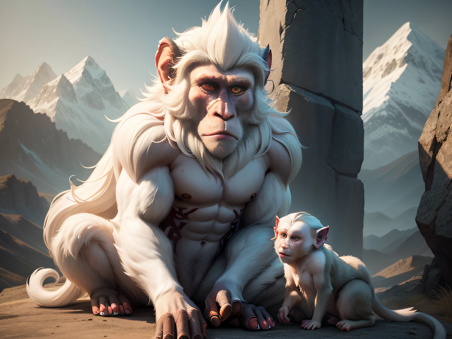 tmasterpiece,A high resolution,3D,CG animation,exteriors,Chinese mythology and stories,Inspired by the Classic of Mountains and Seas,Mountain and sea scripture mythical beast macaque,(White ears)of macaques,,Human face
