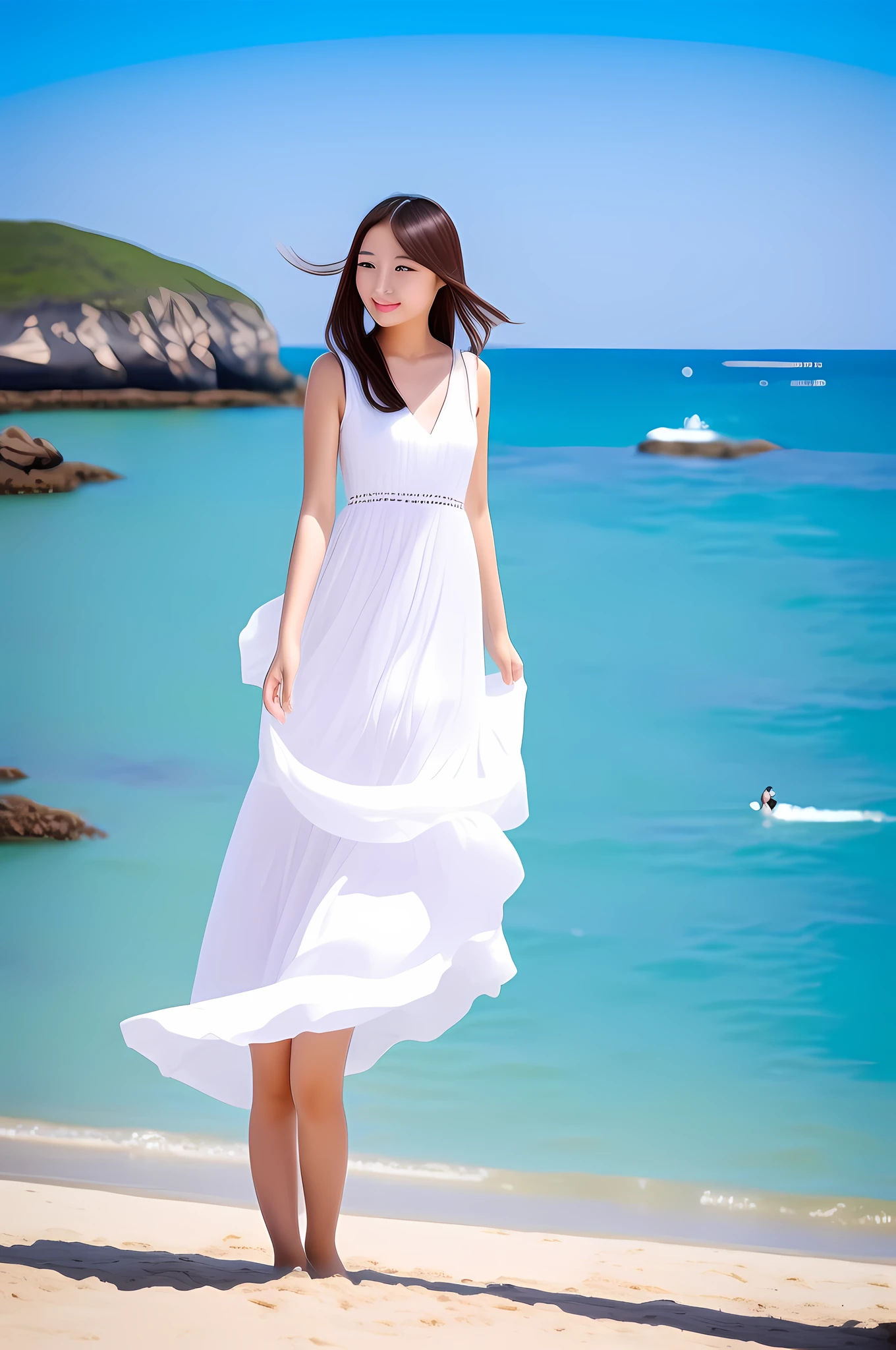 A beautiful Chinese girl looks at the sea on the beach,Wearing a white dress
