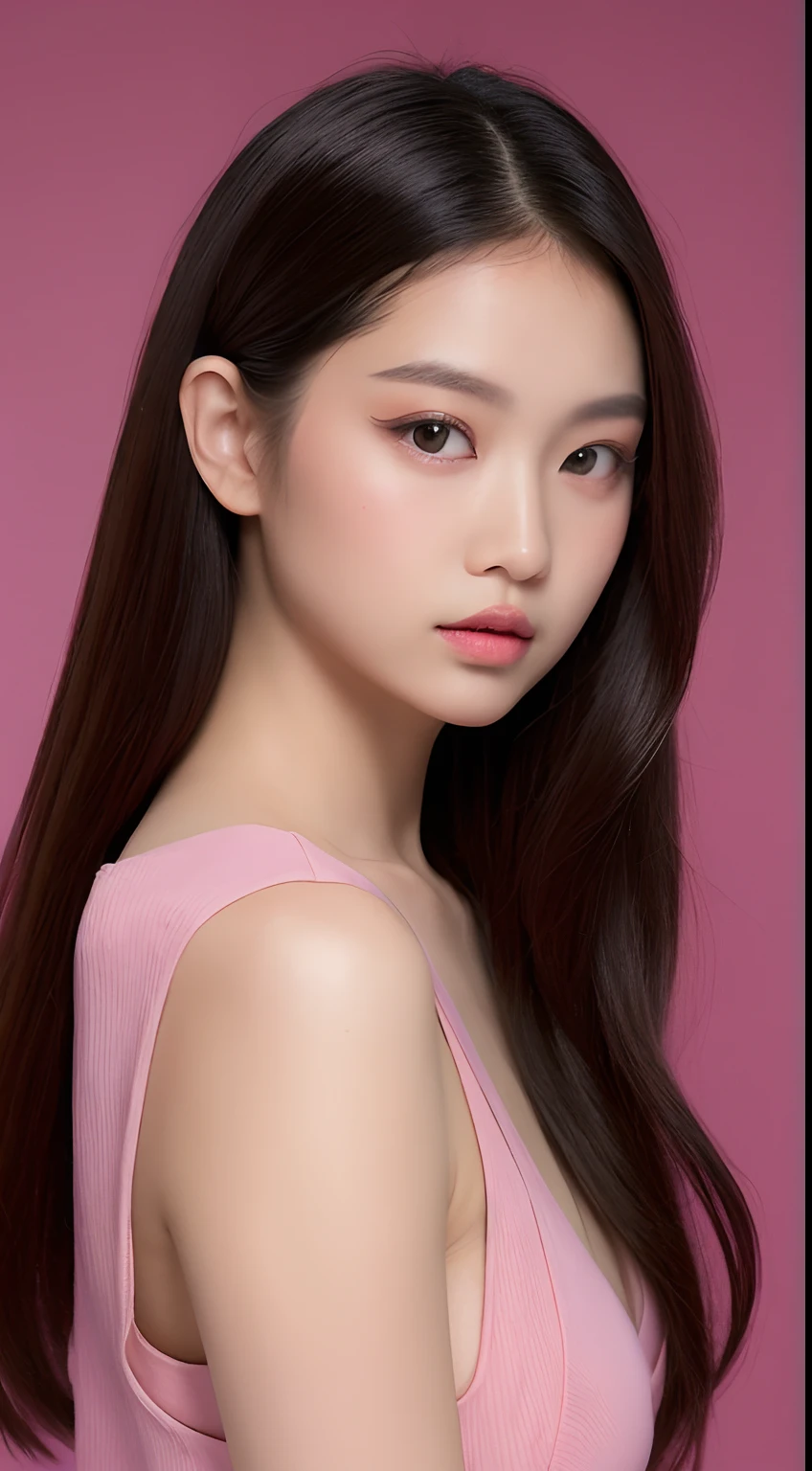 one Filipina model ,Unique hair details, Y2K virtual fashion, Near future, Curvilinear details , double eyelid, plump lips, overhead big pink moonlight