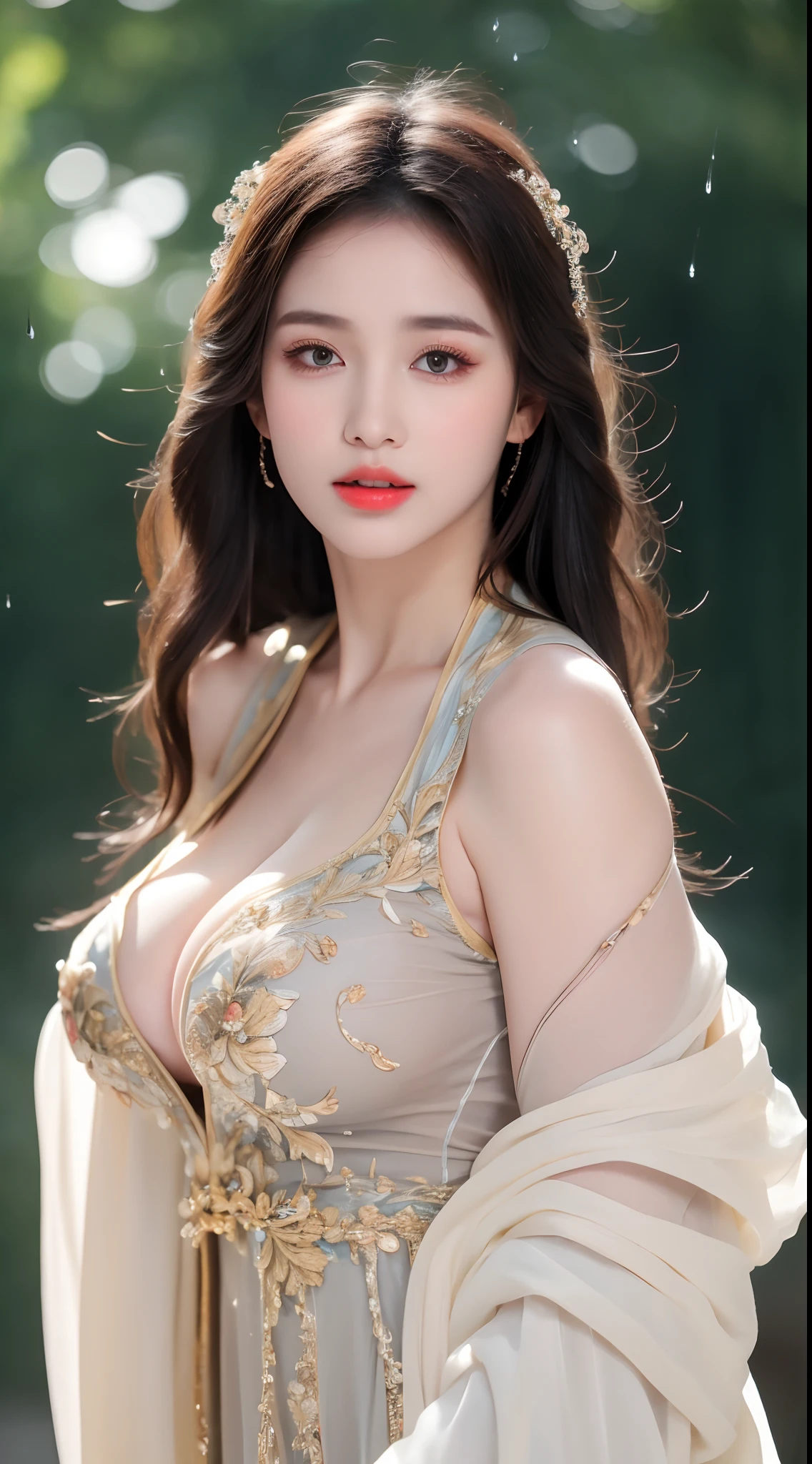 ((Best Quality, 8k, Masterpiece: 1.3)), Focus: 1.2, Perfect Body Beauty: 1.4, Buttocks: 1.2, ((Layered Haircut)), (Wet Clothes: 1.1), (Rain, Street:1.3), (Breasts: 1.2), (Hanfu: 1.2), Bare Shoulders, Bare Legs, Highly Detailed Face and Skin Texture, Fine Eyes, Double Eyelids, Whitened Skin, Long Hair, (Shut Up: 1.5), (Bokeh Background: 1.5), Big Breasts