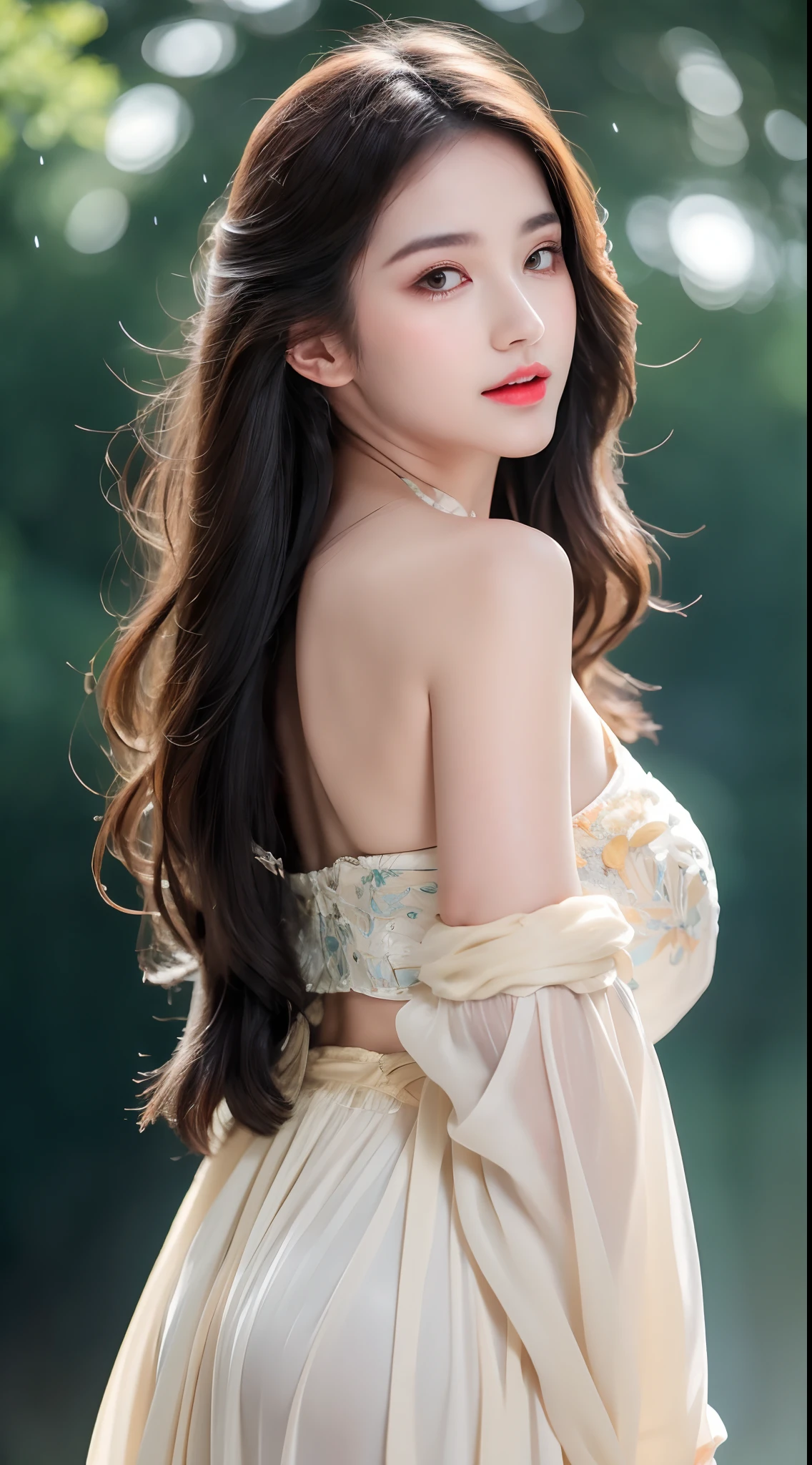 ((Best Quality, 8k, Masterpiece: 1.3)), Focus: 1.2, Perfect Body Beauty: 1.4, Buttocks: 1.2, ((Layered Haircut)), (Wet Clothes: 1.1), (Rain, Street:1.3), (Breasts: 1.2), (Hanfu: 1.2), Bare Shoulders, Bare Legs, Highly Detailed Face and Skin Texture, Fine Eyes, Double Eyelids, Whitened Skin, Long Hair, (Shut Up: 1.5), (Bokeh Background: 1.5), Big Breasts