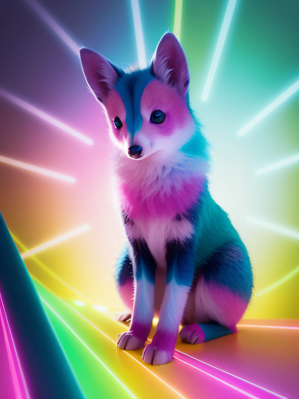 Uma imagem cativante de uma raposa realista com cores fluroscentes, cores brilhantes  iriscentesem seu corpo, orelhas e cauda da raposa fluroscentes e brilhantes, Creating intricate patterns, lente grande-angular, grande abertura, ultra detail, hyperrealism, 4k