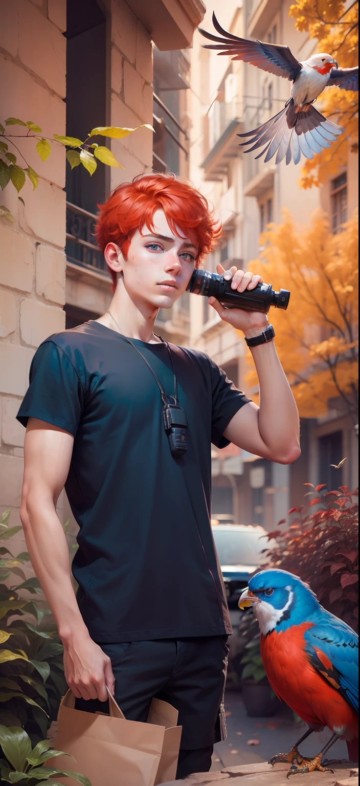 Boy with Bird futuristic background realistic face Bule eye, red hair, ultra high quality HD