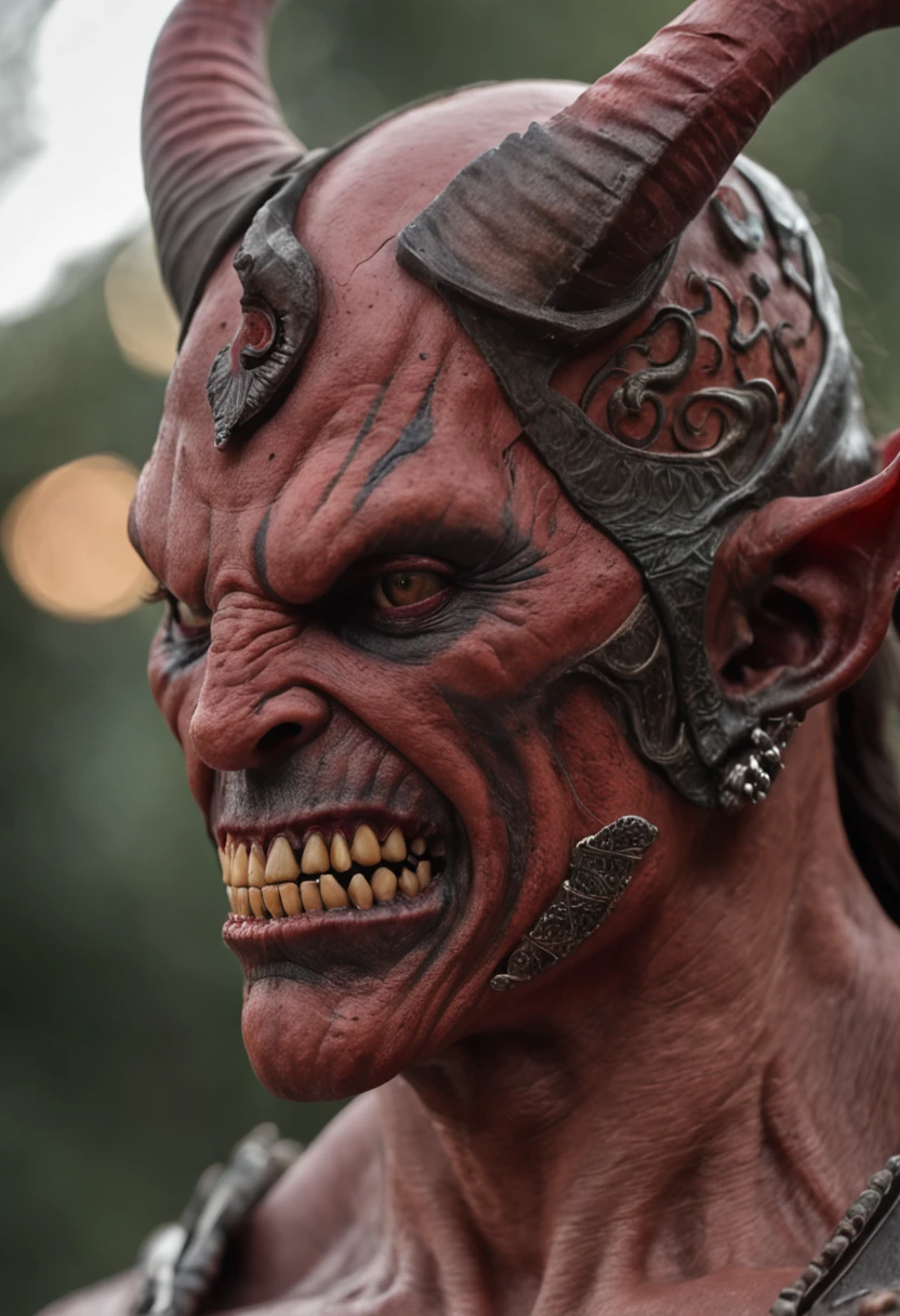 Best quality of masterpiece of a red demon with pointed horns, intricate sarcastic smile, com detalhes insanos, com cara de mal intrincado, dark ambiente, gotic, monstruoso, foco afiado, tatuado, Full Body sharp focus, ambiente escuro, (pele perfeita) (perfecf detalhes do rosto intrincados) arte sombria, Castle ballroom background, Leicaq 2, Nikon, Nikon D850 fotografia de filme 4, --Tinha, --S100, Greg Rutkowisk, renderizado, 16k , fotorrealismo, EOS Digital Rebel T100 18-55mm,