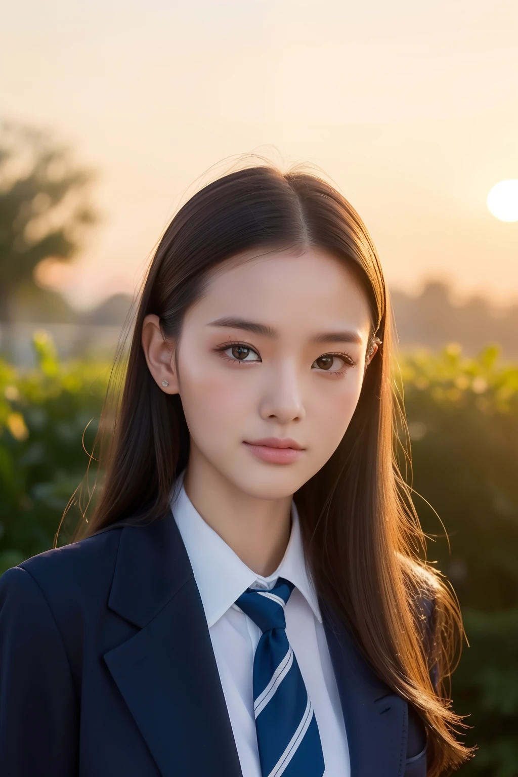 (top-quality、8K、32K、masterpiece)Beautuful Women、Unusual look、in school uniform、sunset,