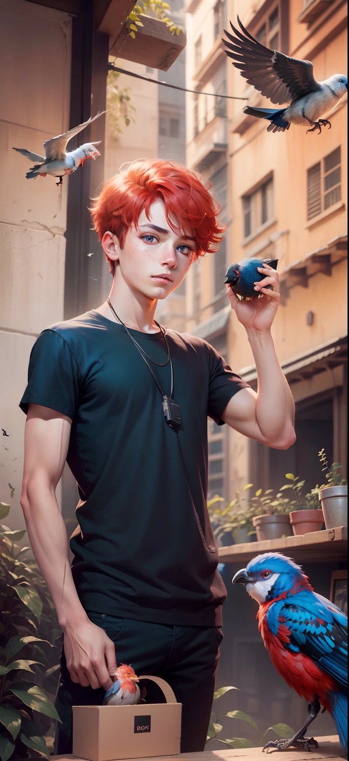 Boy with Bird futuristic background realistic face Bule eye, red hair, ultra high quality HD