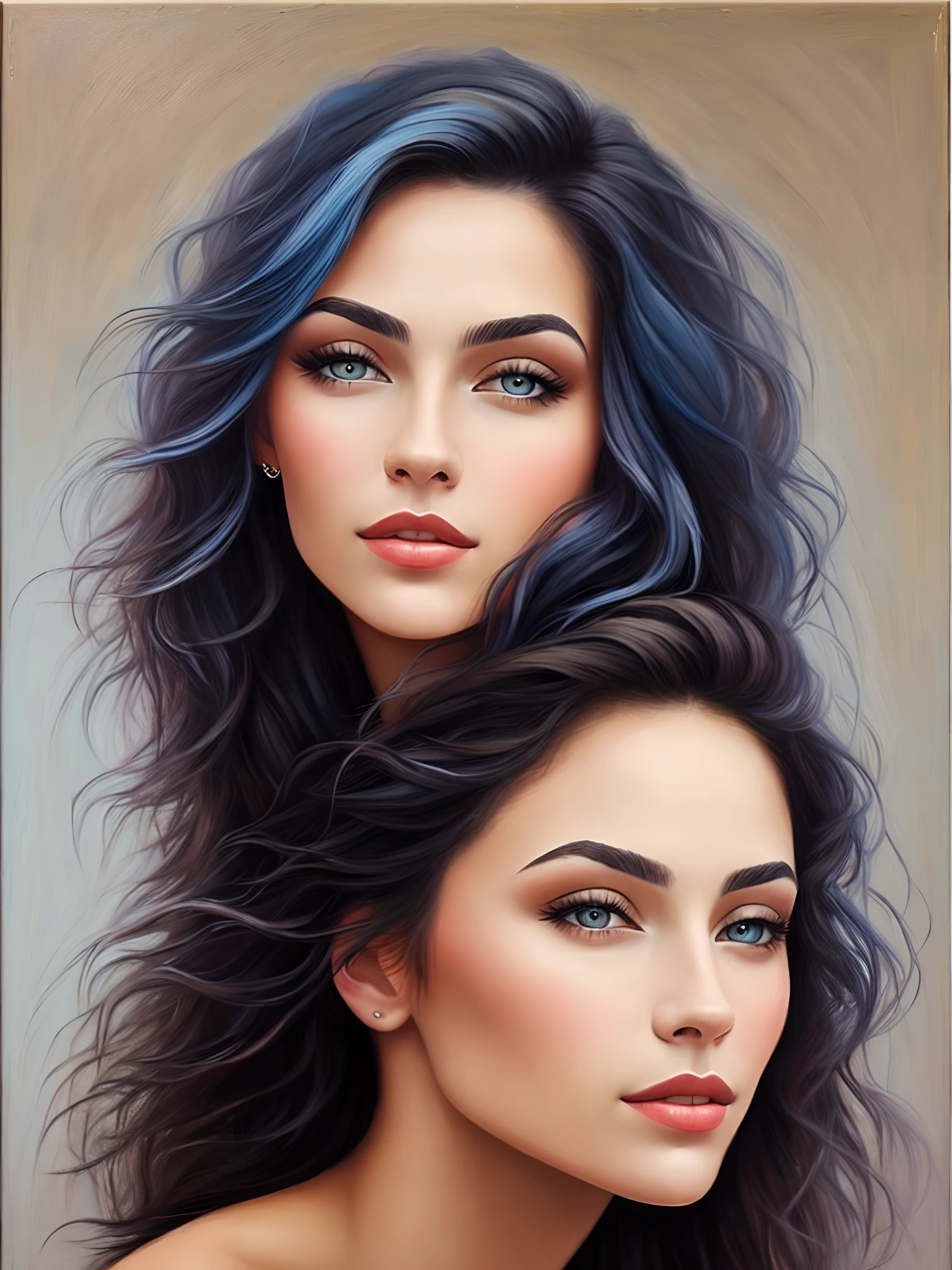 Brunette Blue hair Asian European and American mixed white skin Long hair Curly hair Blue eyes Realism Oil painting Beautiful woman