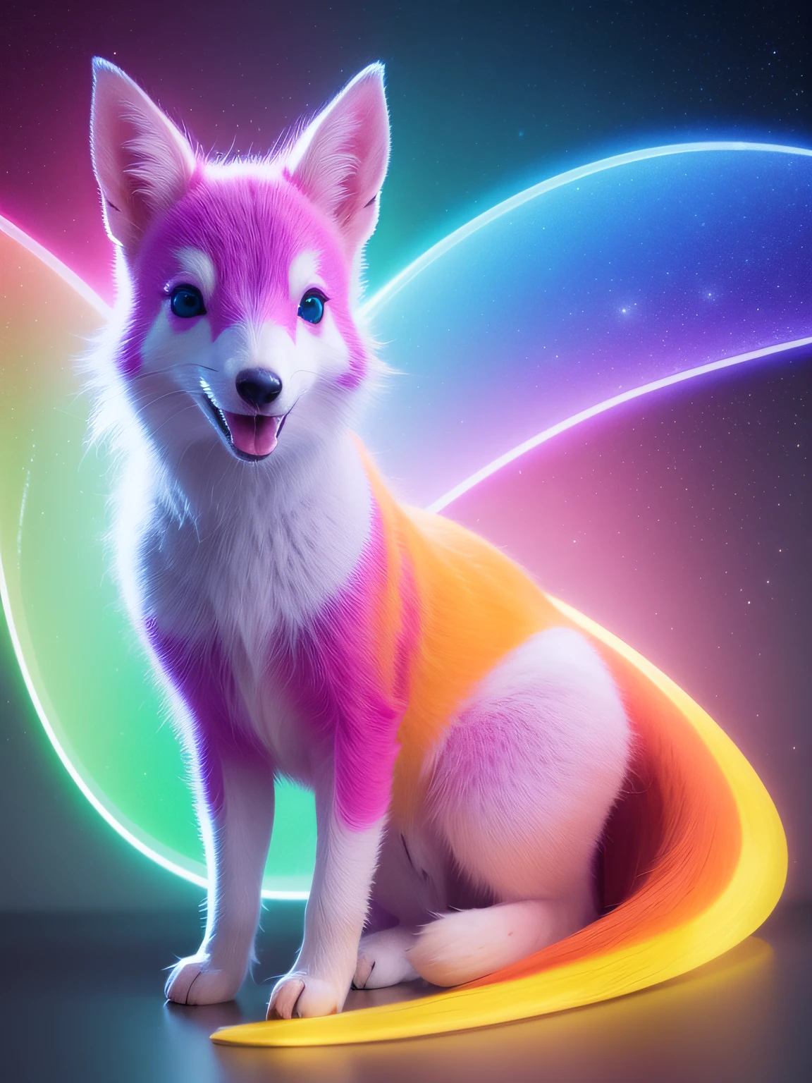 Uma imagem cativante de uma raposa realista com cores fluroscentes, cores brilhantes iriscentesem seu corpo, orelhas e cauda da raposa fluroscentes e brilhantes, Creating intricate patterns, lente grande-angular, grande abertura, ultra detail, hyperrealism, 4k