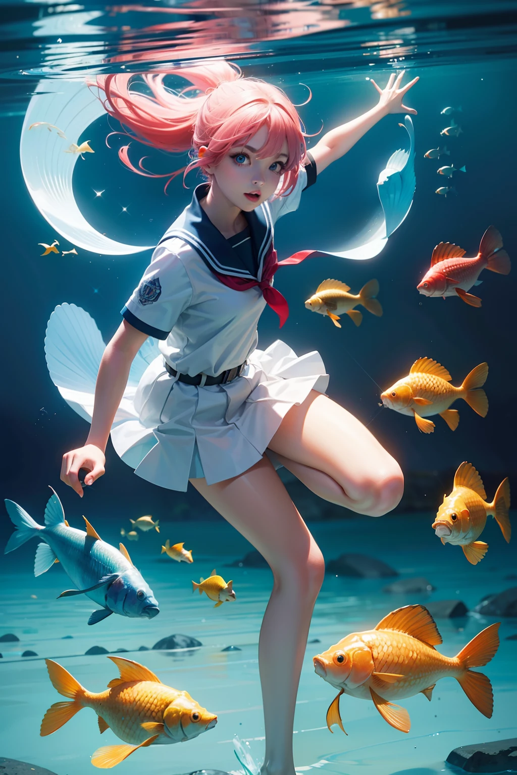 A school of cute carp，Around a girl，Irridescent color, Designed by Dietrams, Glows in high detail, C4D, Clean shadows, 4K