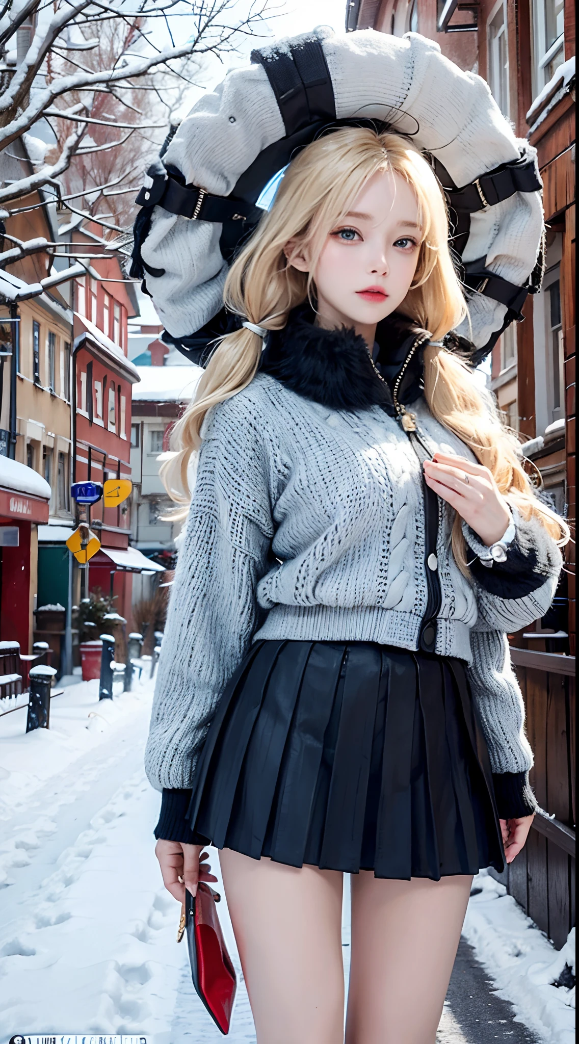 1girl, blonde hair, blue eyes, realistic,photorealistic, cowboy shot, close-up, low twintails, high collar sweater, puffy down jacket, short pleated skirt, bare legs, high heels, looking at viewer,standing, upper body, outdoors,snow, snow shelter, winter, european town, european style houses, (castle), noon, streets, sunshine,