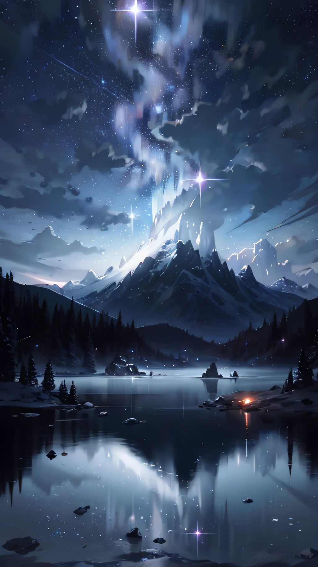 Starry Sky with Mountains and Lake, Jessica Rossier, Inspired by Jessica Rossier, Jessica Rossier Fantasy Art, Concept Art Magic Highlights, Official Artwork, Dream Painting, Ethereal Realm, Atmospheric artwork, dreamy matte paintings, serene endless stars inspired by Ted Nasmith, moonlit starry environments, epic music album covers.