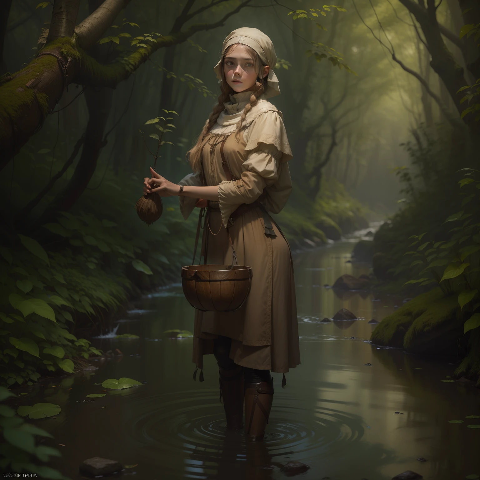 Arte de Apterus. Young and beautiful peasant girl of the middle ages,usando vestido simplorio,bonita e atraente,using two prostheses made of pine wood on both arms, standing walking down a stream in the deepest, darkest forest (ohwx estétic | | |