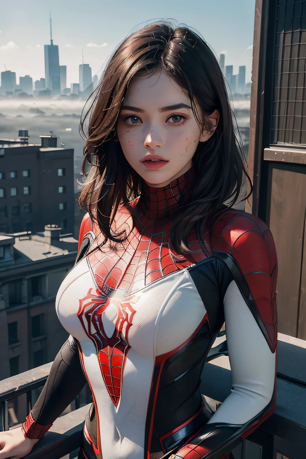 (1girl:1.3), Solo, (((Very detailed face)))), ((Very detailed eyes and face)))), Beautiful detail eyes, Body parts__, Official art, Unified 8k wallpaper, Super detailed, beautiful and beautiful, beautiful, masterpiece, best quality, original, masterpiece, super fine photo, best quality, super high resolution, realistic realism, sunlight, full body portrait, amazing beauty, dynamic pose, delicate face, vibrant eyes, (from the front), She wears Spider-Man suit, red and black color scheme, spider, very detailed city roof background, rooftop, overlooking the city, detailed face, detailed complex busy background, messy, gorgeous, milky white, highly detailed skin, realistic skin details, visible pores, clear focus, volumetric fog, 8k uhd, DSLR, high quality, film grain, fair skin, photo realism, lomography, futuristic dystopian megalopolis, translucent