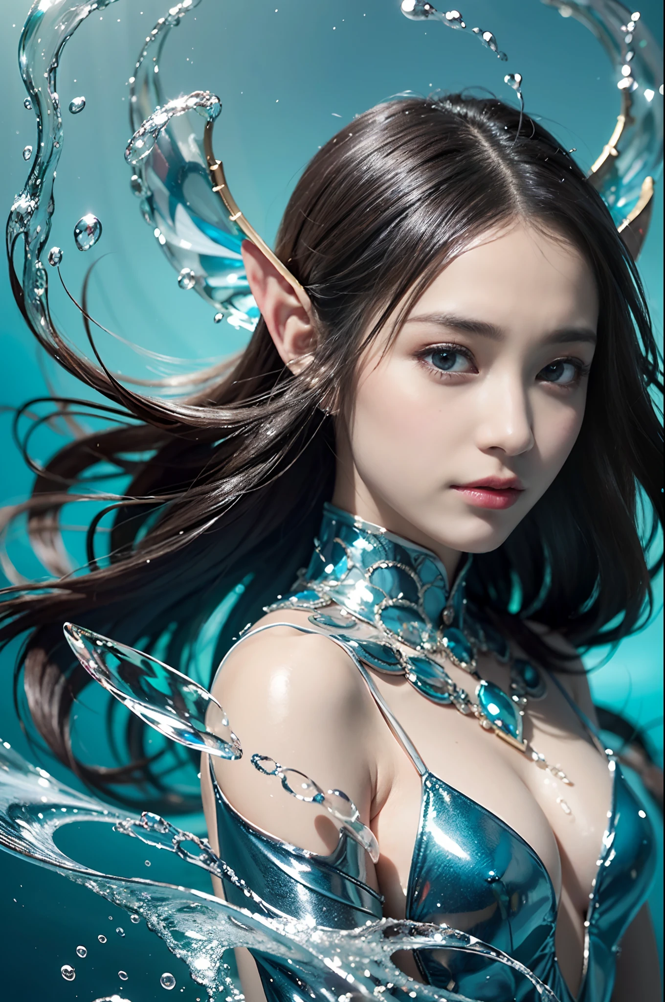 (tmasterpiece,top-quality,optimum,offcial art,Beautiful and aesthetic,Long exposure:1.2),Smooth movement,Charming Patterns, 1 rapariga,Adult Russian woman,Jade Eyes,Black lob hair,Lots of bubbles, sportrait,独奏,The upper part of the body,Reflecting on the observer,detailedbackground,Detailed face,(crystallineAI, Crystalline Theme:1.1),Elemental Water Elves,Swirl water,controlling water,Fantasy Swordsman Uniform,dynamicposes,particles floating,Ethereal Power,Eau,steams,ocean in background,Blue tint,shores,Ethereal Atmosphere,underwater shot,