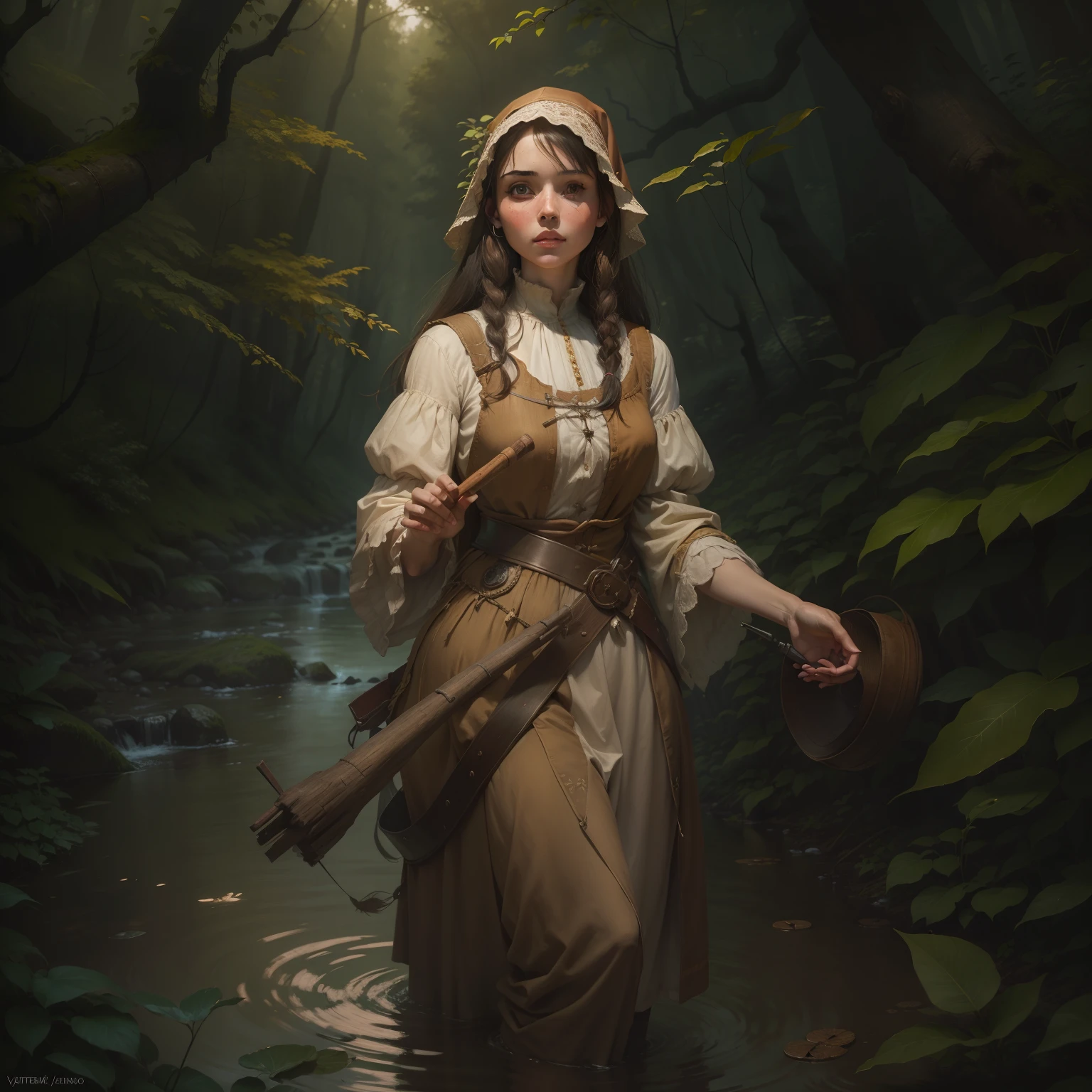 Arte de Apterus. Young and beautiful peasant girl of the middle ages,usando vestido simplorio,bonita e atraente,using two prostheses made of pine wood on both arms, standing walking down a stream in the deepest, darkest forest (ohwx estétic | | |