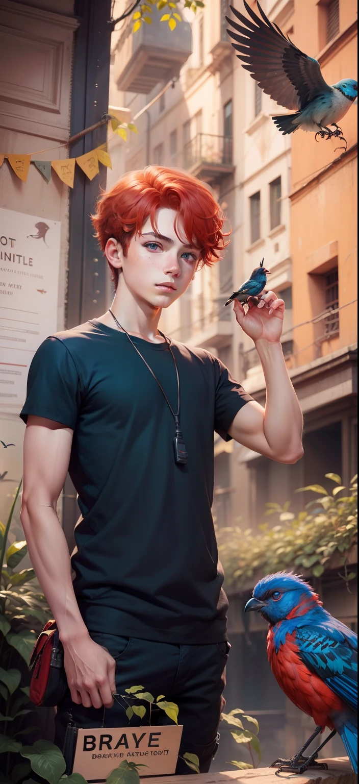 Boy with Bird futuristic background realistic face Bule eye, red hair, ultra high quality HD