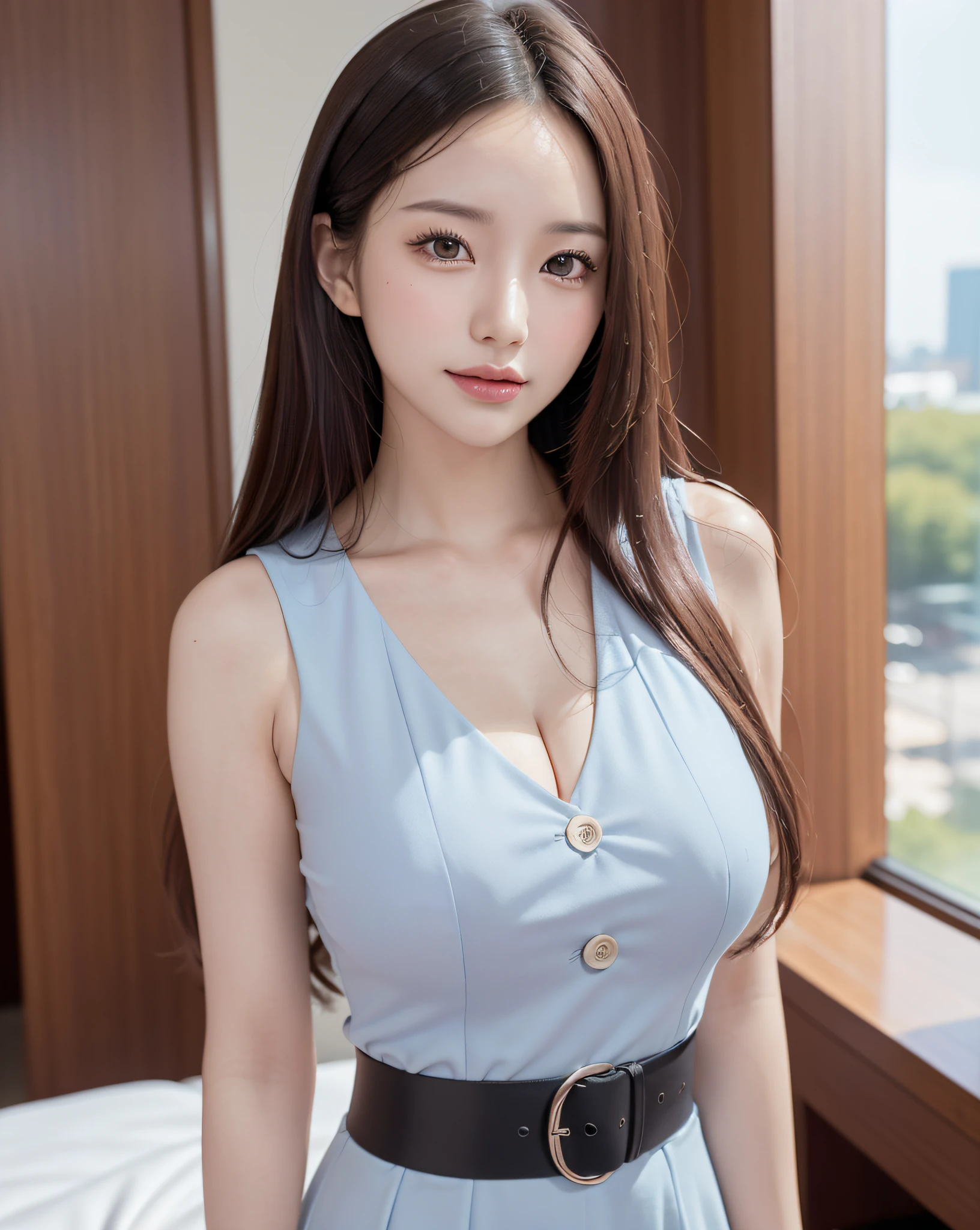 (Best quality, 8k, 32k, Masterpiece, UHD:1.2), (realistic:1.5), (masterpiece, Extremely detailed CG unity 8k wallpaper, best quality, highres:1.2), (ultra detailed, UHD:1.2), (face focus:1.3), Photo of extremely cute and beautiful Japanese woman, (mahogany wavy thin hair:1.2), adult, (detailed beautiful girl:1.4), best quality, woman, adult, (detailed weather news caster outfit:1.5, blue luxury tight shrts;1.3, flower printed high-waist-long-skirt;1.3, black high-heel;1.3), detailed clothes, (detailed simple black background:1.3, blurry background, indoor studio:1.3, face ring light, backlight, dramatic light, natural shading ), :d:1, seductive smile, looking at viewer, facing the viewer, ((perfect female body)), (narrow waist:1.2), (upper body image:1.3), slender, abs, (large breasted:1.25), ((frame the head)), wind, dynamic pose, studio soft light, back light, natural shading, perfect anatomy, perfect proportion, detailed human body, ,1 girl