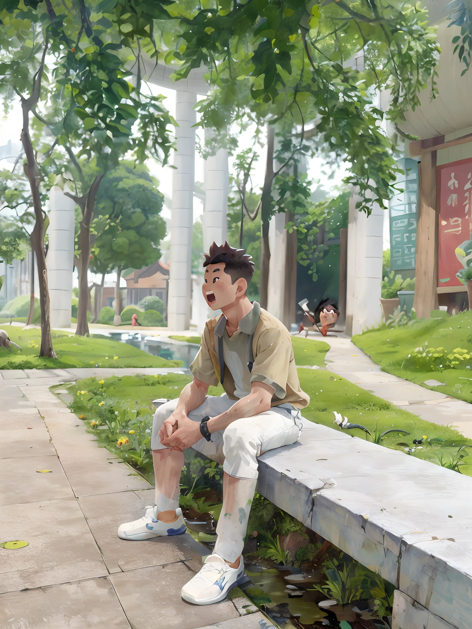 Poster design, (SFW), two rowing boys, Chinese dragon, spring outing, happy, background is a small river interspersed in Chinese street, perfect quality, clear focus, colorful, perfect face, intricate details, ultra-low viewing angle, wide angle lens