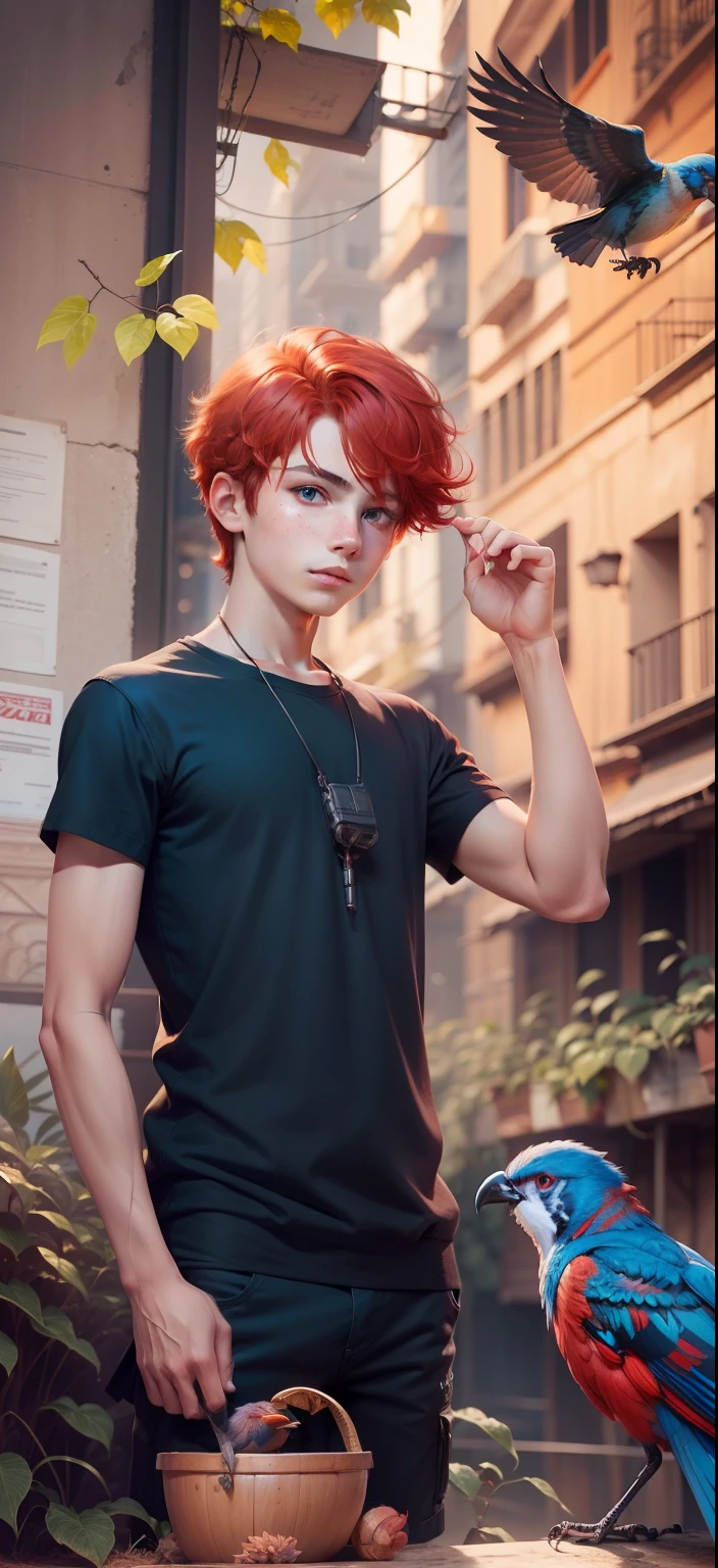 Boy with Bird futuristic background realistic face Bule eye, red hair, ultra high quality HD