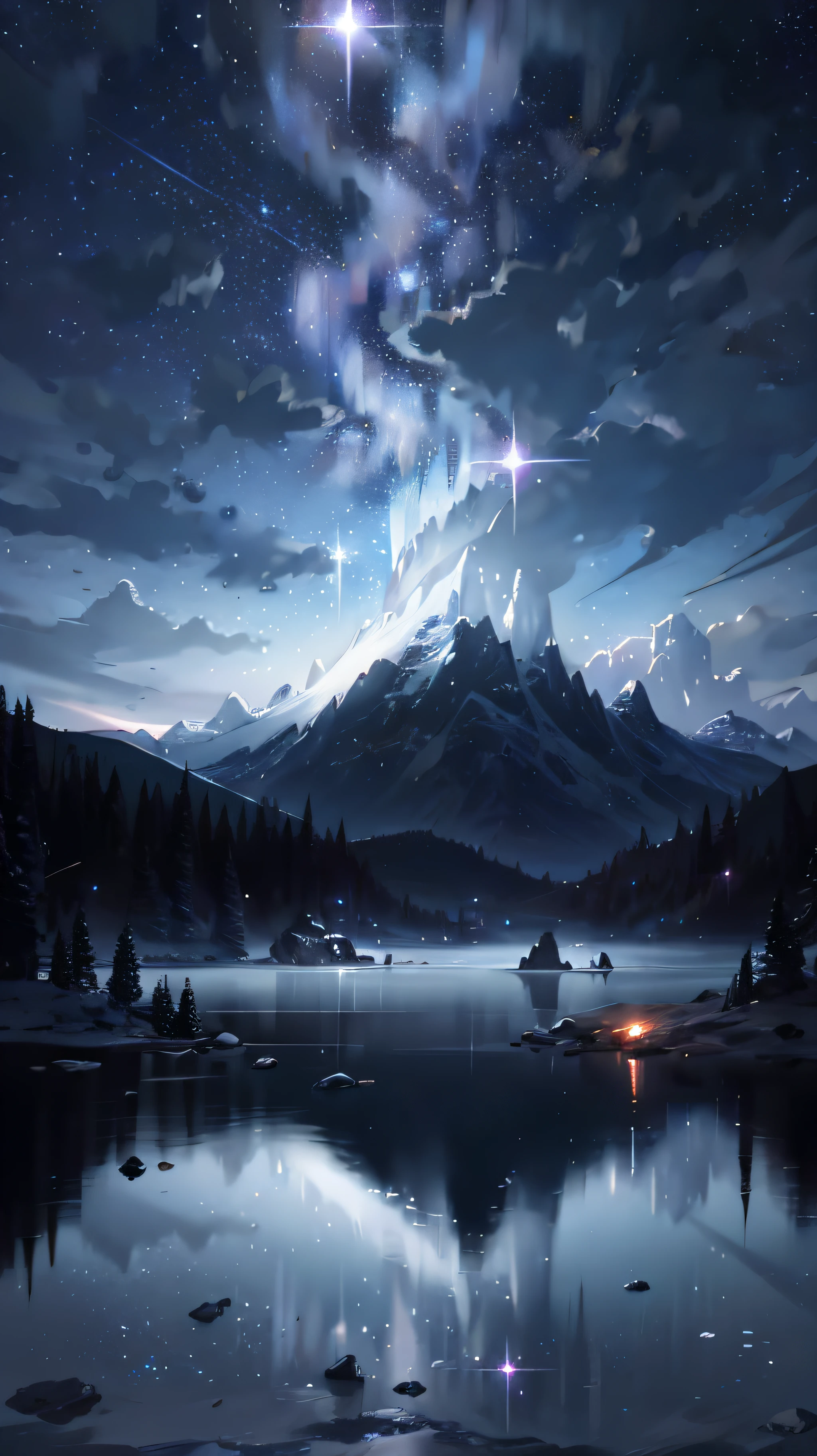 Starry Sky with Mountains and Lake, Jessica Rossier, Inspired by Jessica Rossier, Jessica Rossier Fantasy Art, Concept Art Magic Highlights, Official Artwork, Dream Painting, Ethereal Realm, Atmospheric artwork, dreamy matte paintings, serene endless stars inspired by Ted Nasmith, moonlit starry environments, epic music album covers.