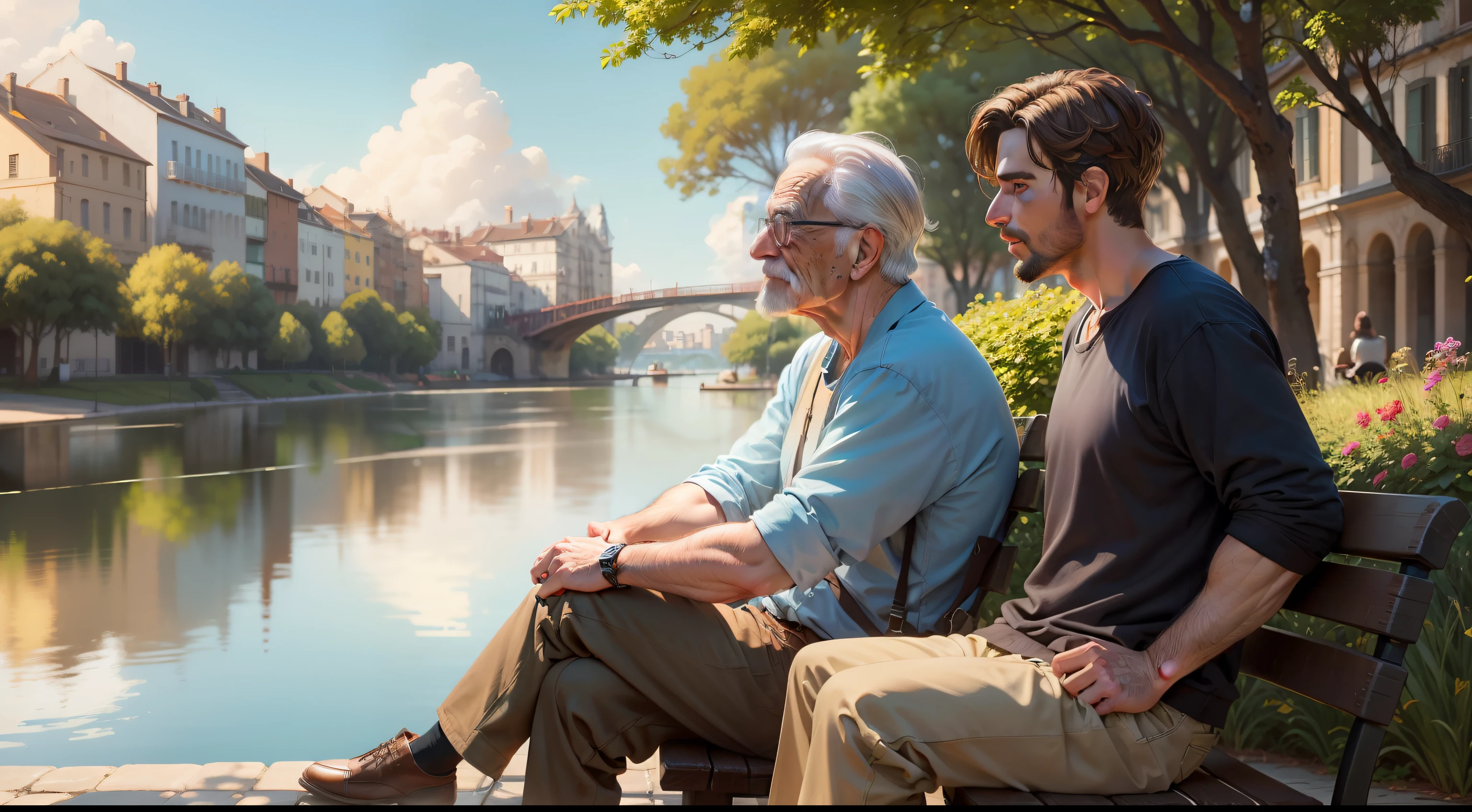 Uma ((obra-prima)) ((detalhada)) Traditional oil painting of an old man sitting on a bench with a young man with brown hair talking, for a sunny day in a park surrounded by buildings, lago ao fundo imagem de melhor qualidade em todos os aspectos