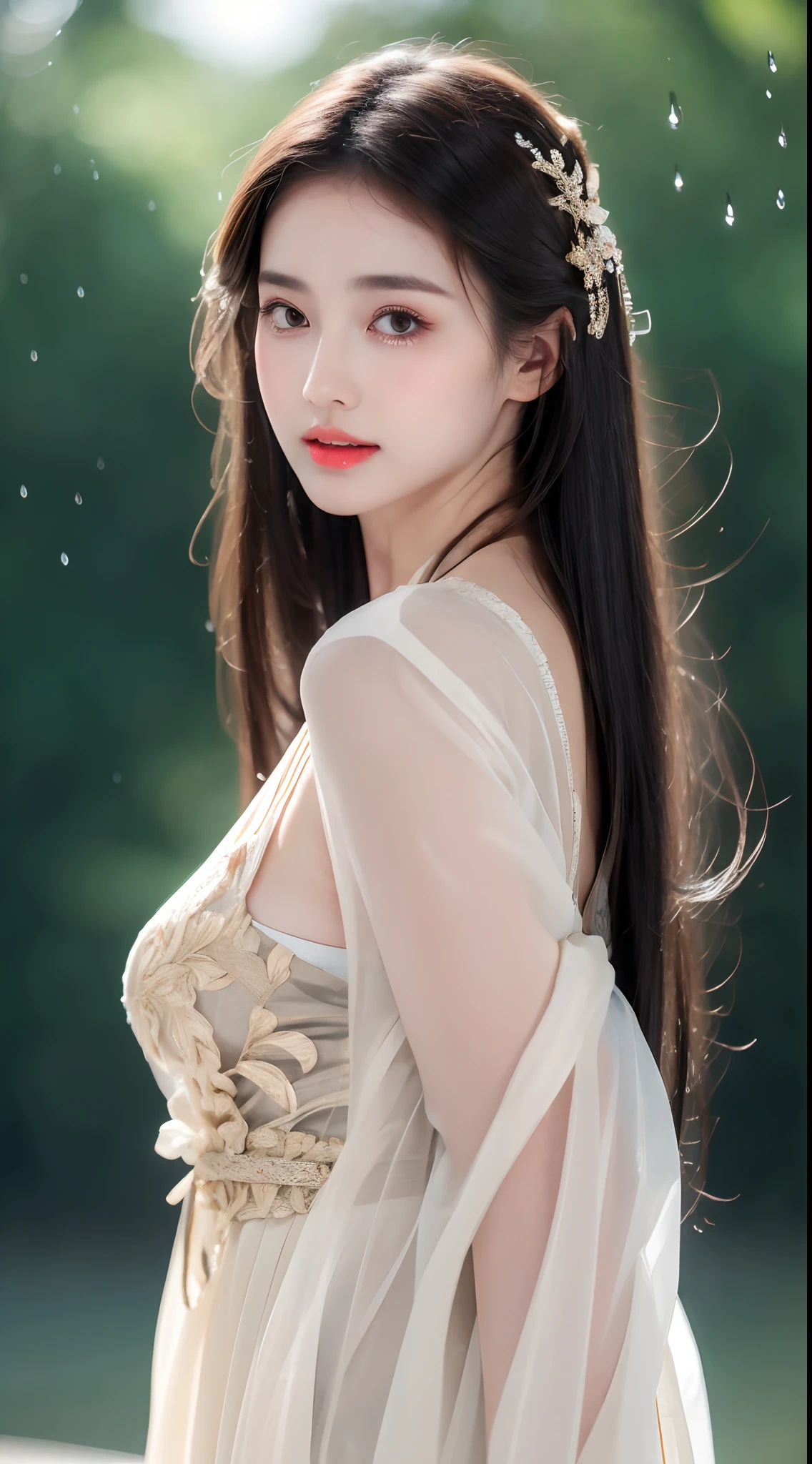 ((Best Quality, 8k, Masterpiece: 1.3)), Focus: 1.2, Perfect Body Beauty: 1.4, Buttocks: 1.2, ((Layered Haircut)), (Wet Clothes: 1.1), (Rain, Street:1.3), (Breasts: 1.2), (Hanfu: 1.2), Bare Shoulders, Bare Legs, Highly Detailed Face and Skin Texture, Fine Eyes, Double Eyelids, Whitened Skin, Long Hair, (Shut Up: 1.5), (Bokeh Background: 1.5), Big Breasts