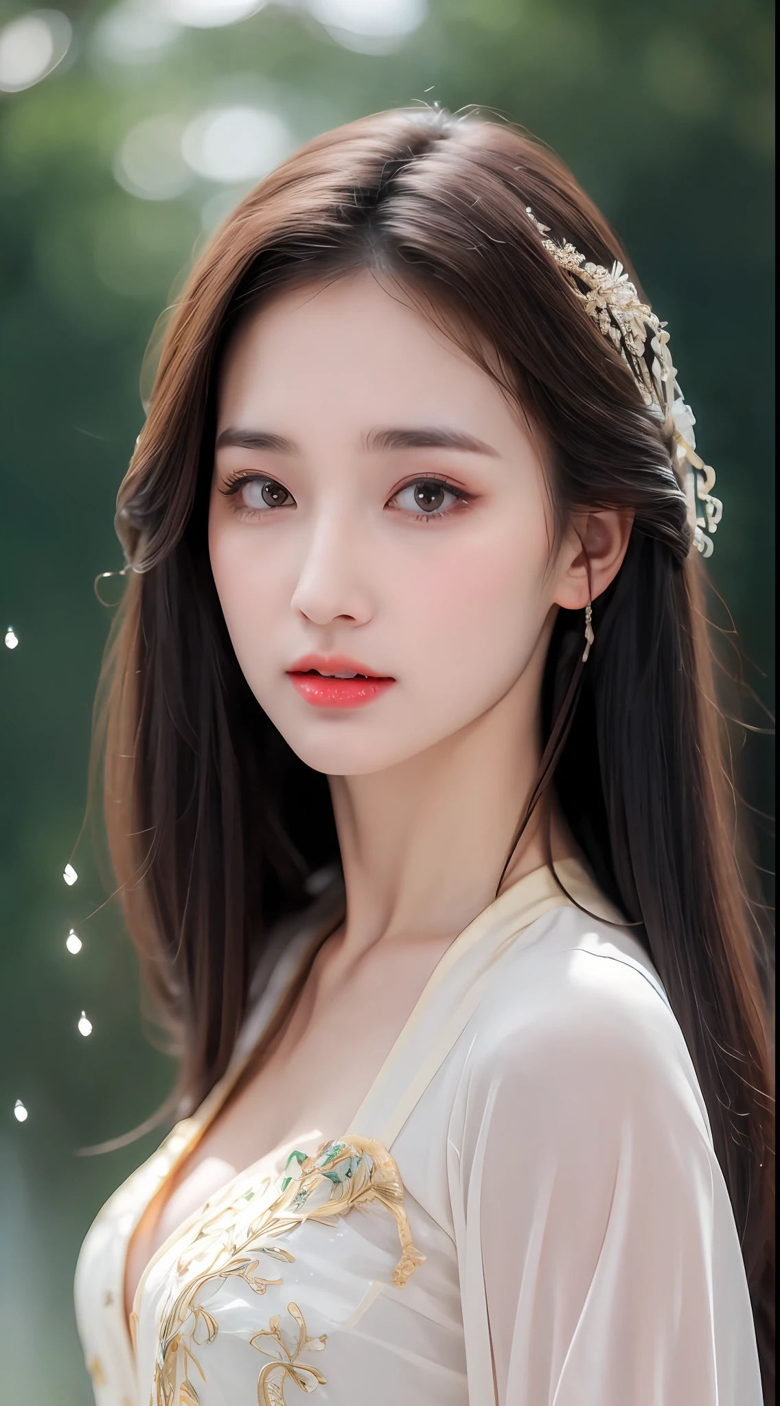 ((Best Quality, 8k, Masterpiece: 1.3)), Focus: 1.2, Perfect Body Beauty: 1.4, Buttocks: 1.2, ((Layered Haircut)), (Wet Clothes: 1.1), (Rain, Street:1.3), (Breasts: 1.2), (Hanfu: 1.2), Bare Shoulders, Bare Legs, Highly Detailed Face and Skin Texture, Fine Eyes, Double Eyelids, Whitened Skin, Long Hair, (Shut Up: 1.5), (Bokeh Background: 1.5), Big Breasts