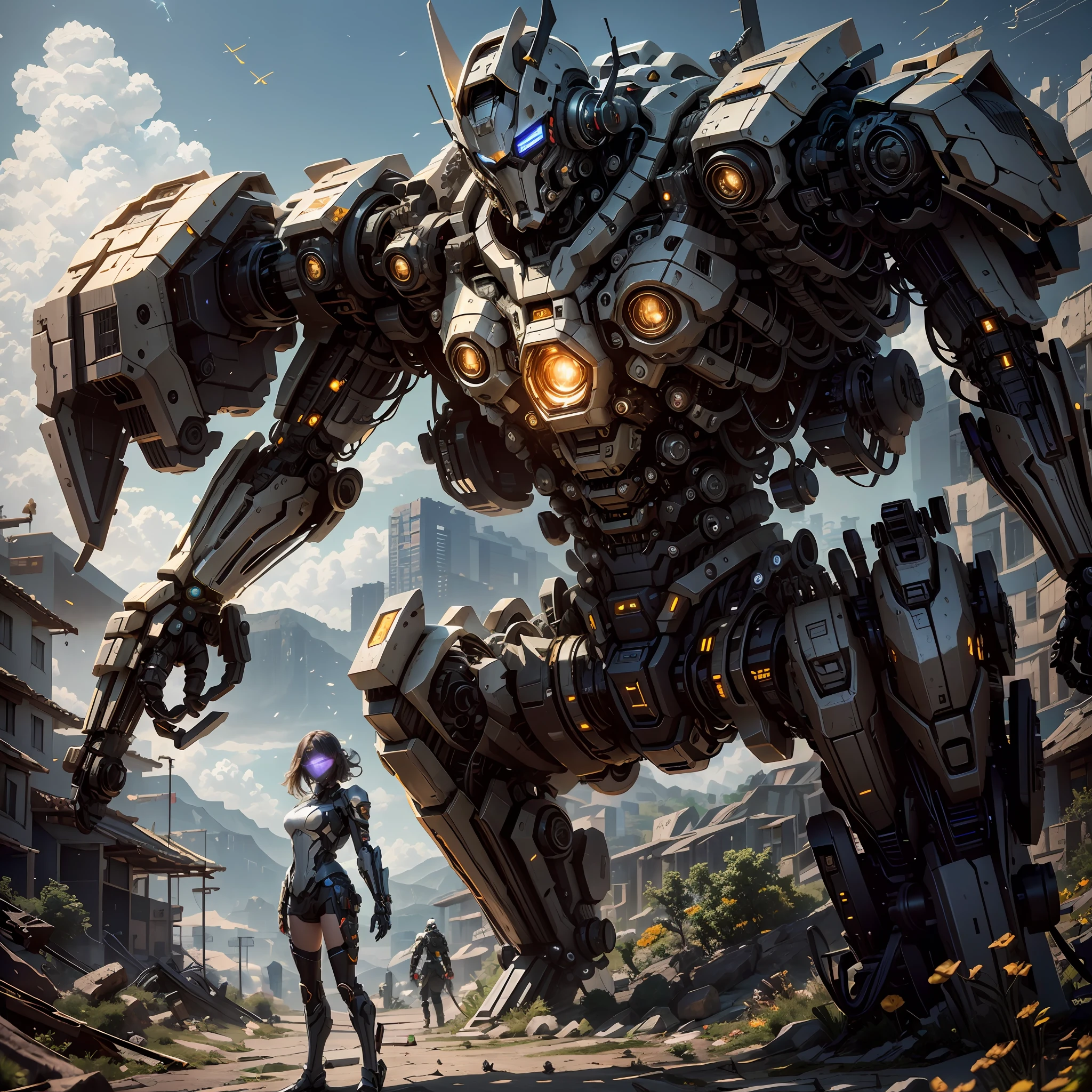 ((Best Quality)), ((Masterpiece)), (Very Detailed:1.3), 3D, Shitu-mecha, cyberpunk maskedman with his purple mech in the ruins of a city in the forgotten war, Ancient technology, HDR (High Dynamic Range), ray tracing, NVIDIA RTX, super resolution, unreal 5, subsurface scattering, PBR texture, post-processing, anisotropic filtering, depth of field, maximum sharpness and sharpness, multi-layer texture, albedo and highlight maps, surface shading, Accurate simulation of light-material interactions, perfect proportions, octane rendering, duotone lighting, low ISO, white balance, rule of thirds, wide aperture, 8K RAW, efficient sub-pixels, subpixel convolution, luminescent particles, light scattering, Tyndall effect