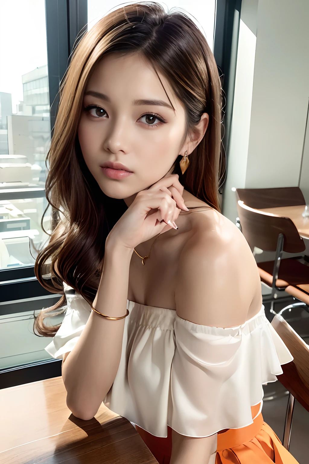 (Masterpiece:1.3), high resolution, Ultra detailed, Extremely detailed Cg Unity 8K wallpaper, Realistic, photo-realistic, RAW photo, Beautiful detailed face, Pale skin, realistic glittering skin, Detailed cloth texture, Detailed hair texture, Perfect body, Beautiful face, Accurate, Anatomically correct, Highly detailed face and skin texture, Natural neck length, (Beautiful hands), (Fair skin:1.2), Thin legs, Thin feet,
Break,
Detailed eyes, symetrical eyes, Light brown eyes, Double eyelids, Thin eyebrows, (Glossy lips:1.4), ((waiting for kiss:1.2)), (Blush:1.1),
Break,
(Elegant and cute girl:1.3), (Wear an elegant off-the-shoulder white shirt), (Orange flared skirt:1.2),
Medium breasts, (Slender figure:1.1), Perfect figure, Firm Abs, Beautifulcollarbone,
(dark gold hair, Wavy hair, Long hair:1.3), ((Asymmetrical bangs:1.2)), (upperbody shots:1.2), view the viewer, (From the side Side:0.65),
Break,
(Sit down against the table), ((Resting his elbows on the table,Gently lift your chin:1.3)),
(In a public workspace), ((Hyundai Office in Japan)),