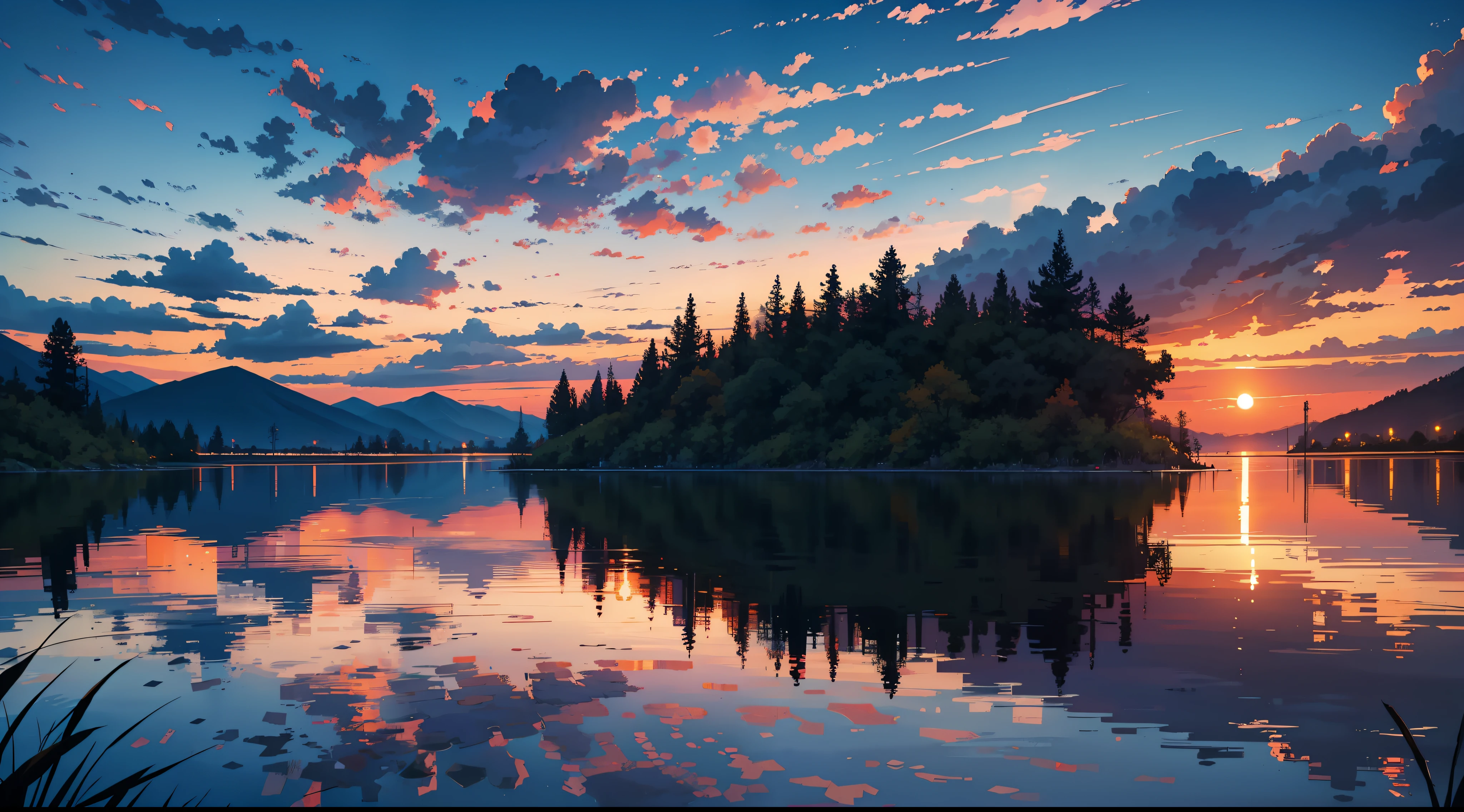 beautiful sunset in evening with a lake reflecting it, orange, purple, blue