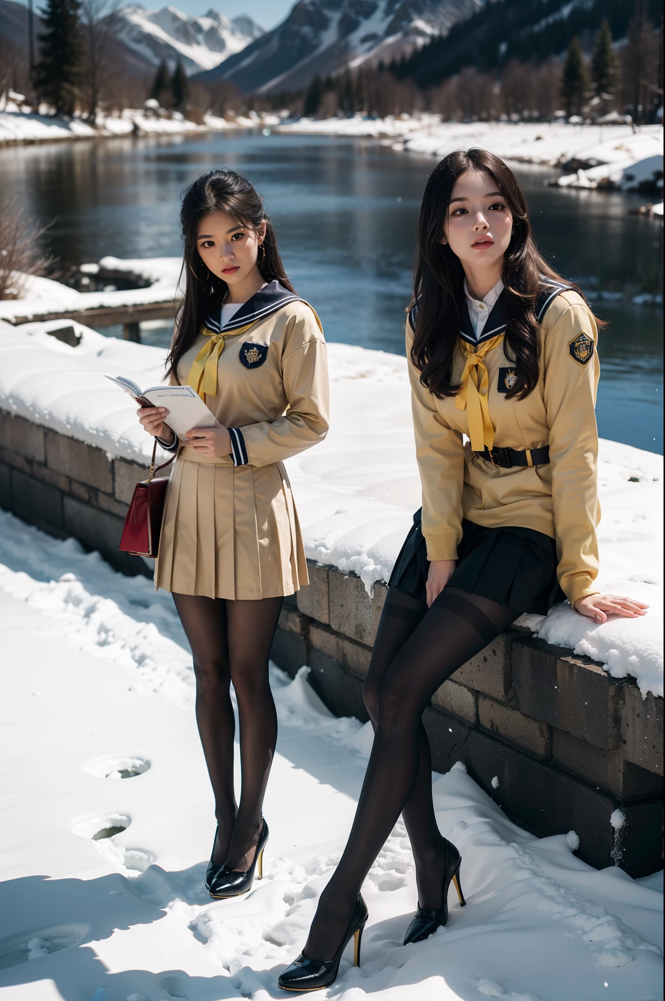 (full body:1.5),(1girl:1.3),(view the viewer:1.4),(anatomy correct:1.3),(Sitting by the creek of a snowy mountain:1.2),(Holding a book in his hand:1.15),(shy:1.15),(A Khaki and yellow Sailor suit and pleated skirt with ribbons:1.2),(Tan Pantyhose:1.3),( Uniform high heels leather shoes with bows for female students:1.1),(Accurate and perfect face:1.3),hyper HD, Ray traching, reflective light, structurally correct, Award-Awarded, high detail, lighten shade contrast, Face lighting ,cinematic lighting, masterpiece, super detailing, high quality, high detail, best quality, 16k,High contrast,