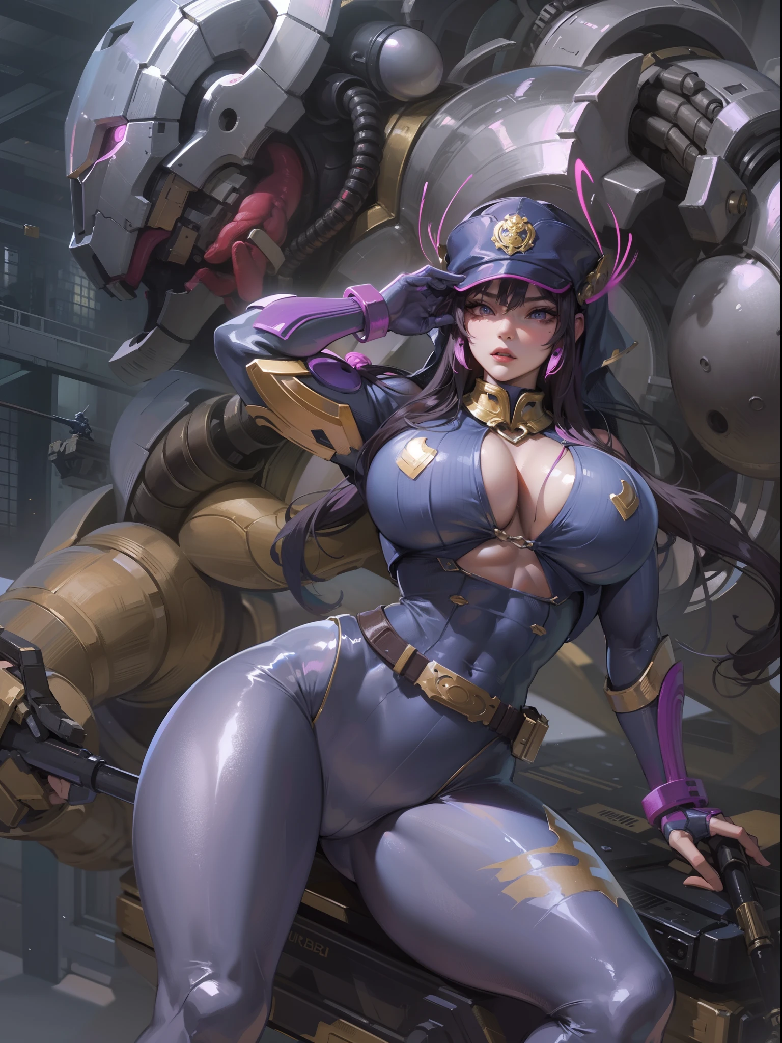 Transcendent beauty illustration、Female Officer、Muscular beauty、８K、(Super super big chest 1.5)、Muscle Murasaki Shikibu、street fighter,mechanical suits,alien hunter,