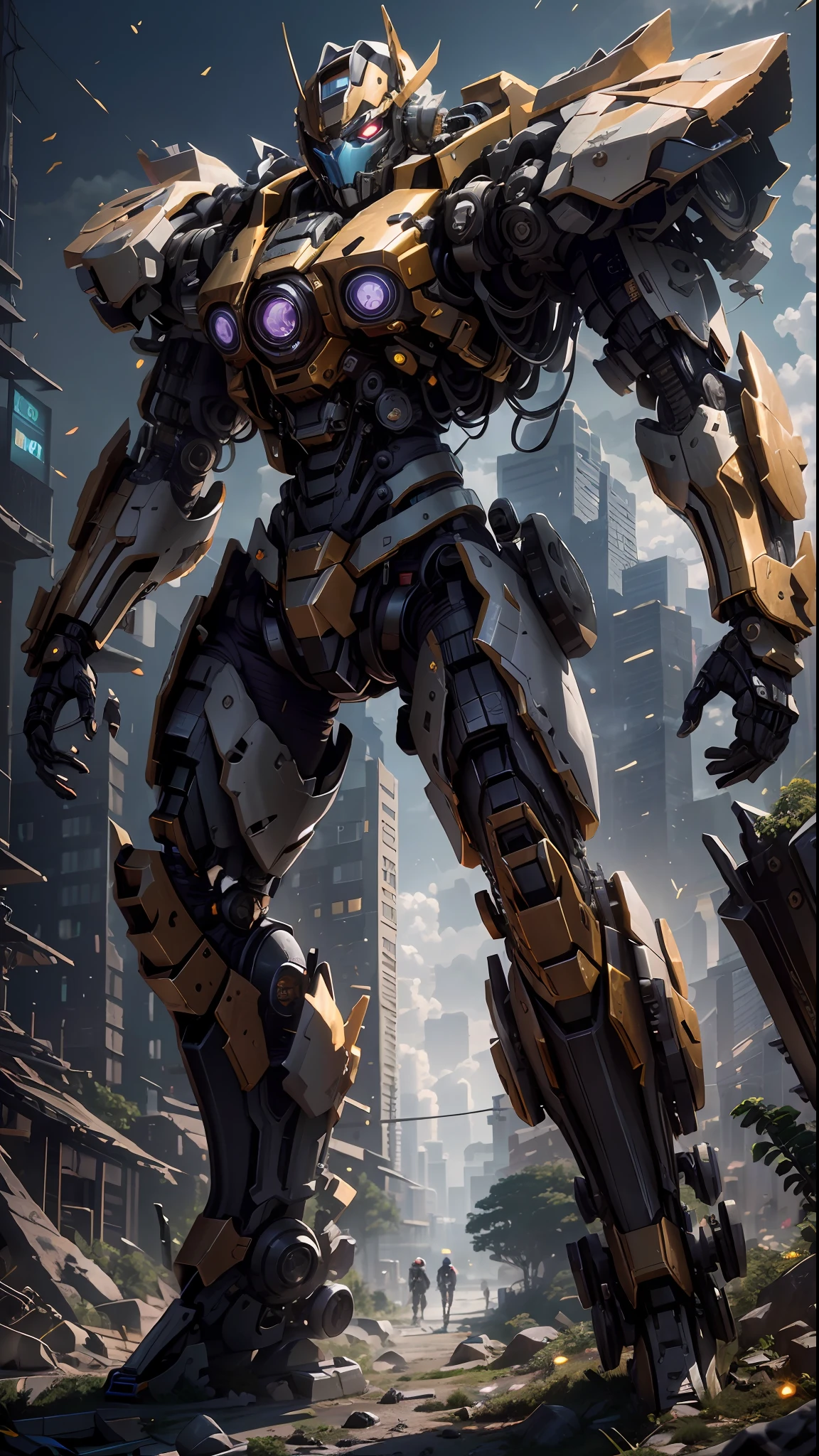 ((Best Quality)), ((Masterpiece)), (Very Detailed:1.3), 3D, Shitu-mecha,  cyberpunk maskedman with his purple mech in the ruins of a city in the forgotten war, Ancient technology, HDR (High Dynamic Range), ray tracing, NVIDIA RTX, super resolution, unreal 5, subsurface scattering, PBR texture, post-processing, anisotropic filtering, depth of field, maximum sharpness and sharpness, multi-layer texture, albedo and highlight maps, surface shading, Accurate simulation of light-material interactions, perfect proportions, octane rendering, duotone lighting, low ISO, white balance, rule of thirds, wide aperture, 8K RAW, efficient sub-pixels, subpixel convolution, luminescent particles, light scattering, Tyndall effect