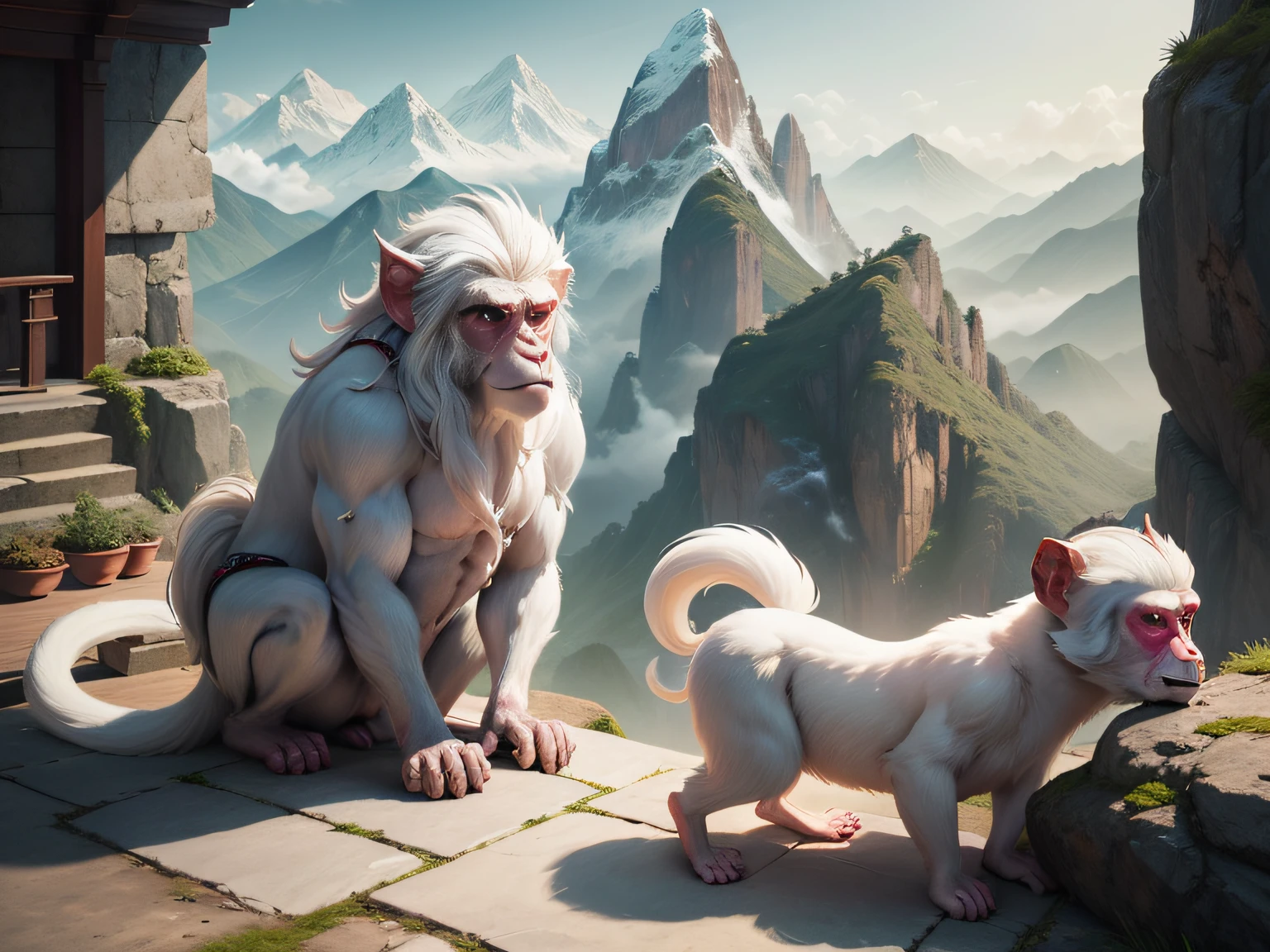 tmasterpiece，A high resolution，3D，CG animation，exteriors，Chinese mythology and stories，Inspired by the Classic of Mountains and Seas，Mountain and sea scripture mythical beast macaque，（White ears）of macaques，，Human face