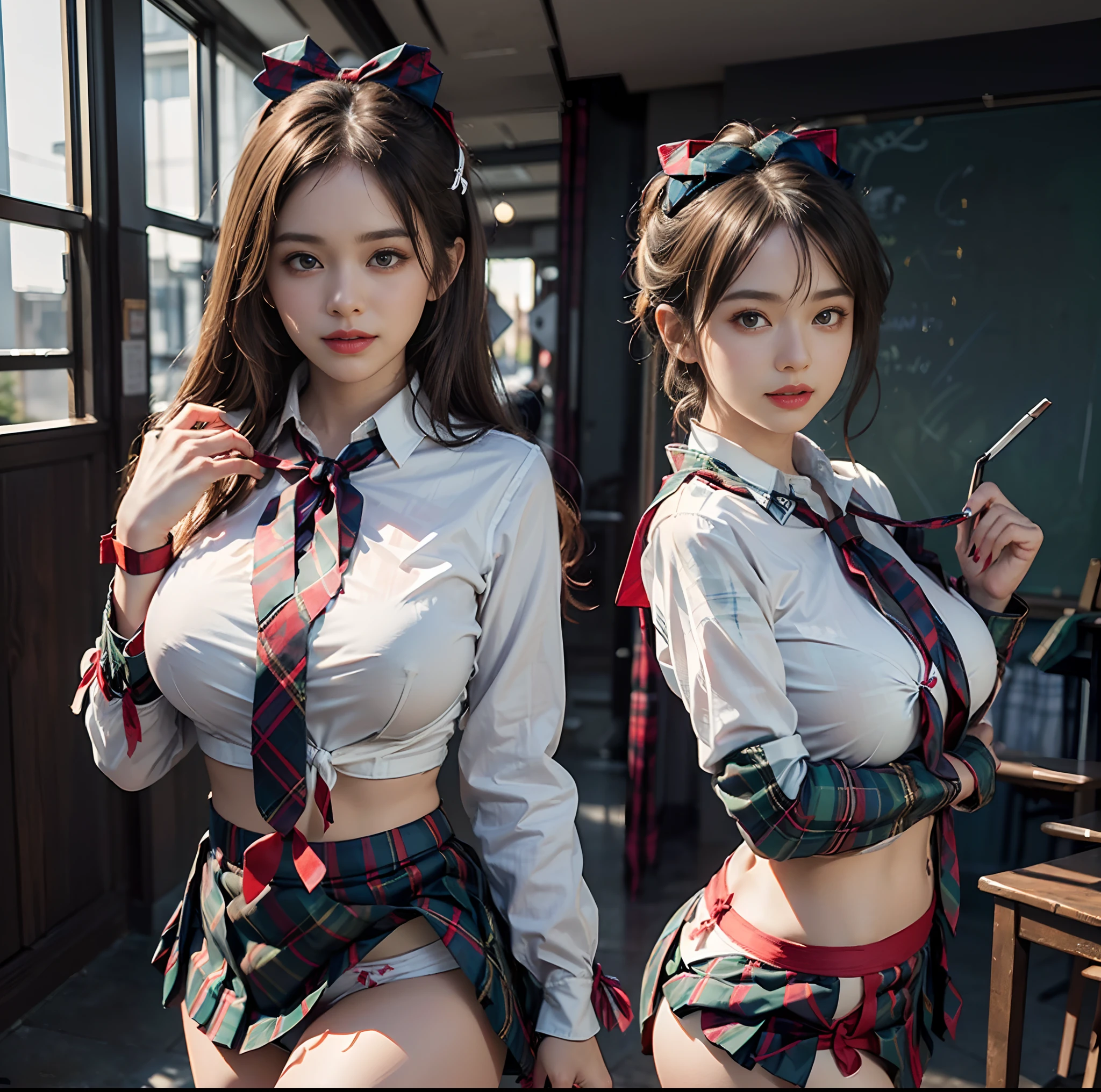 (top-quality)、 (masterpiece)、(Realistic lighting with shadows)、 (elegent)、 (A hyper-realistic:1.2)、(Stylish), (intricate detailes)、 (Perfect anatomical depiction of the human body:1.5)、(Girl standing proudly in front of camera with chest turned、Another girl on the other side is pointing her ass at the camera:1.3), ( Huge breasts :1.6), (Beautiful bright blue eyes squinting dazzlingly:1.3)、(Small lips without lipstick)、 (Brunette's half-up hair shines in the backlight), (She exemplarily wears a girl outfit with a white blouse and a crimson thin ribbon tie and a tartan plaid micro-mini pleated skirt:2.4)、(She is standing and bending her knees:1.2)、(This is a photo taken with squinted eyes and a cute smile.:1.2), (Pull up the skirt with your hands、Showing off her proud pure white small low-cut panties from the front:1.8), (Only one person turns his back and shows off his proud big ass from directly behind:1.3), (the face is chubby:1.2), (perfect anatomia), (A detailed face), (Perfect hands, Correct number of arms, Correct number of fingers, nice hand, Anatomically correct hand), irene1