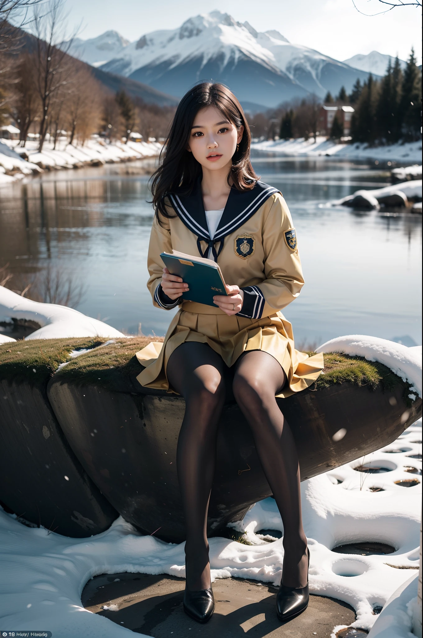 (full body:1.5),(1girl:1.3),(view the viewer:1.4),(anatomy correct:1.3),(Sitting by the creek of a snowy mountain:1.2),(Holding a book in his hand:1.15),(shy:1.15),(A Khaki and yellow Sailor suit and pleated skirt with ribbons:1.2),(Tan Pantyhose:1.3),( Uniform high heels leather shoes with bows for female students:1.1),(Accurate and perfect face:1.3),hyper HD, Ray traching, reflective light, structurally correct, Award-Awarded, high detail, lighten shade contrast, Face lighting ,cinematic lighting, masterpiece, super detailing, high quality, high detail, best quality, 16k,High contrast,