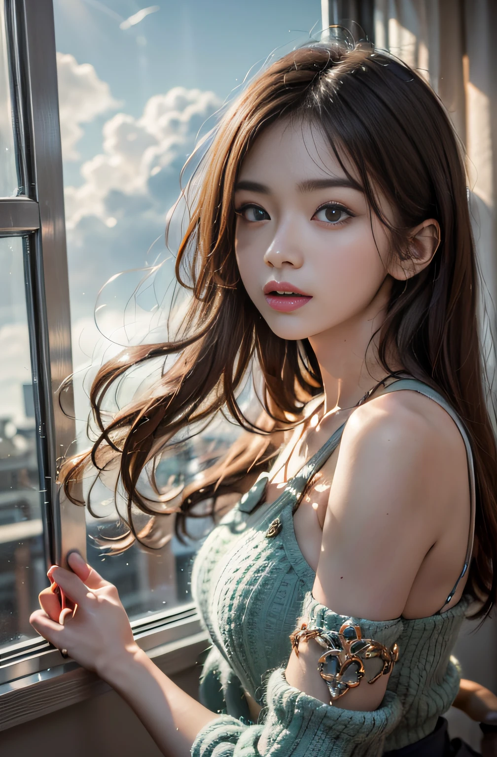 A high resolution、Highest image quality、illustratio、Cinematic lighting、hyper-detailed face、(finely quality eyes)、Best picture quality、Hyper-detailing、tmasterpiece、(Beautiful faces)、1girll、Kizi、whaite hair、Purple eye、highest details、Glowing eyes、Moderate breathing、sit on a bed、sitted、Beds、janelas、nigh sky、The light from the back window is backlighted、(hight contrast)、(a color),