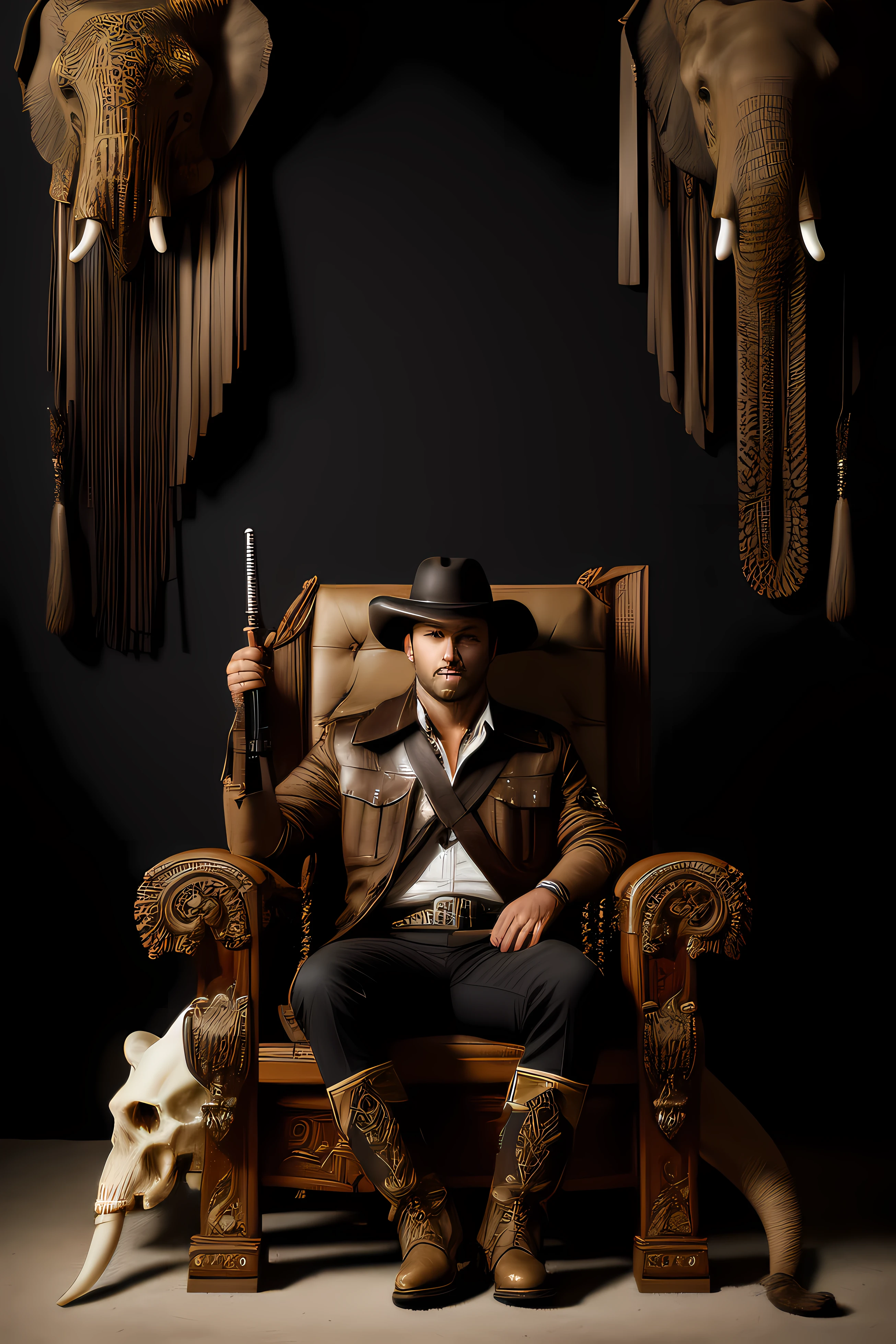(solo) a Young hunter, 30 years old, sitting with his hand on his chin, looking frontal, dominant, and imposing, on an elephant ivory throne, and several skulls of various animals adorning the environment, with trophies for hunting, portrait of full body, hunting weapons adorning the site, hunting hats, leather gloves, leather boots, background with hanging game heads