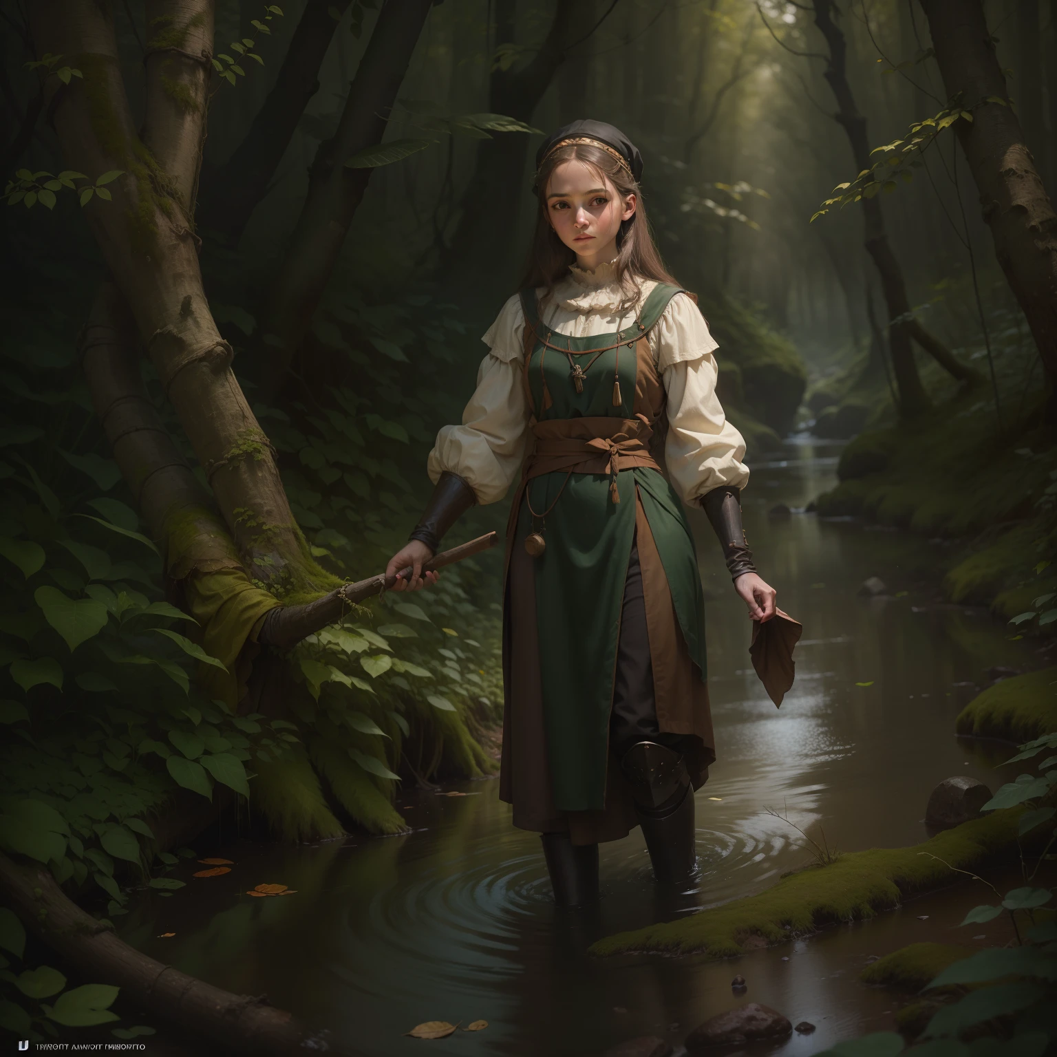 Arte de Apterus. Young and beautiful peasant girl of the middle ages,usando vestido simplorio,bonita e atraente,his hands two prosthetics made with pine wood , standing walking down a stream in the deepest, darkest forest (ohwx estétic)