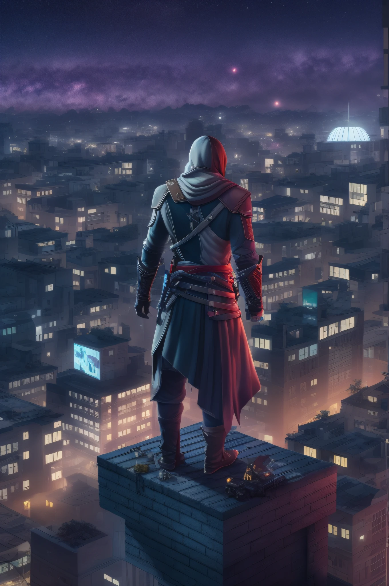 The protagonist from the game Assassin's Creed stands on the roof of a skyscraper, Robot arm, Cyborg Arm, Cyberpunk style, night starry sky, Maximum realism, Cinematography, foto realista, tmasterpiece, 32k