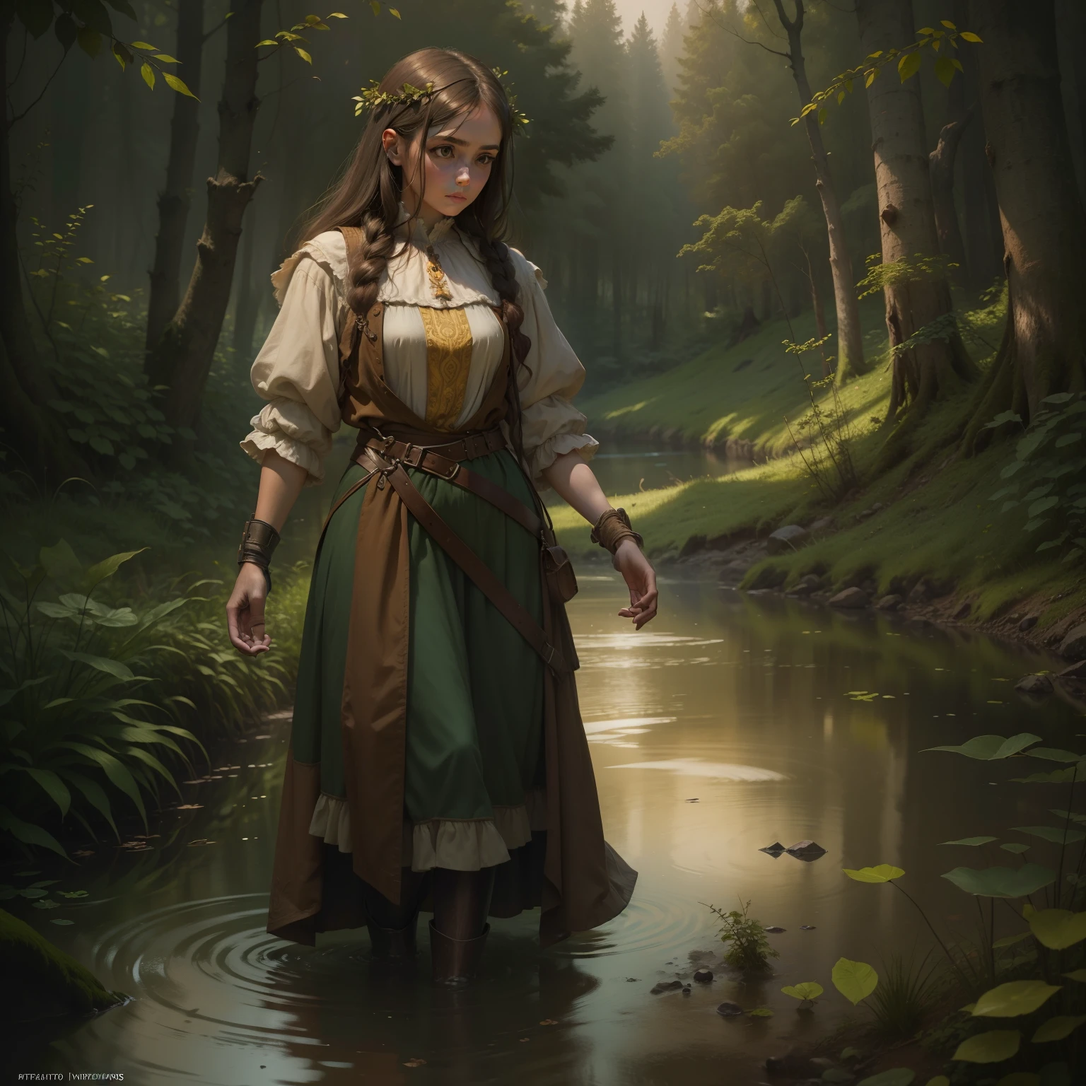 Arte de Apterus. Young and beautiful peasant girl of the middle ages,usando vestido simplorio,bonita e atraente,his hands two prosthetics made with pine wood , standing walking down a stream in the deepest, darkest forest (ohwx estétic)