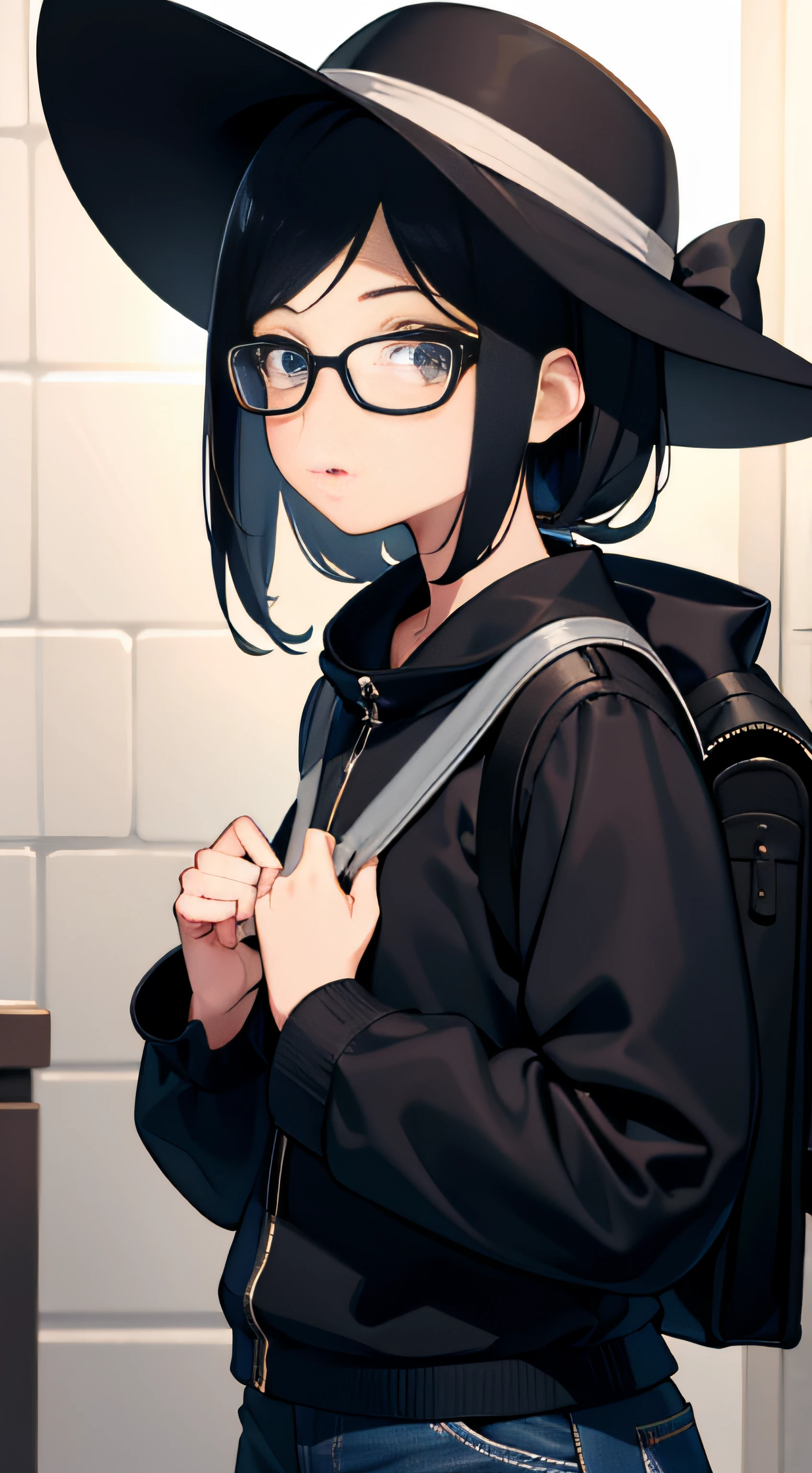 This close-up portrayal captures the intricate details of a young black-haired girl. Her short-brimmed black fishing hat adds a touch of character to her appearance. Clad in jeans and glasses, she exudes an air of curiosity and intellect. The camera zooms in to focus on her face, capturing the depth of her contemplation. With a cute black backpack draped over her shoulders, she stands with her hands behind her back, exuding an aura of quiet confidence. The portrayal is rendered with meticulous attention to detail, allowing the viewer to explore the nuances of her expression and the world within her gaze.